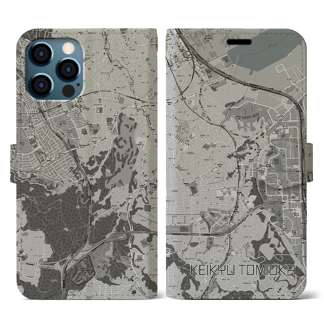 【京急富岡(神奈川県)】地図柄iPhoneケース(手帳タイプ)モノトーン・iPhone 12 / 12 Pro 用