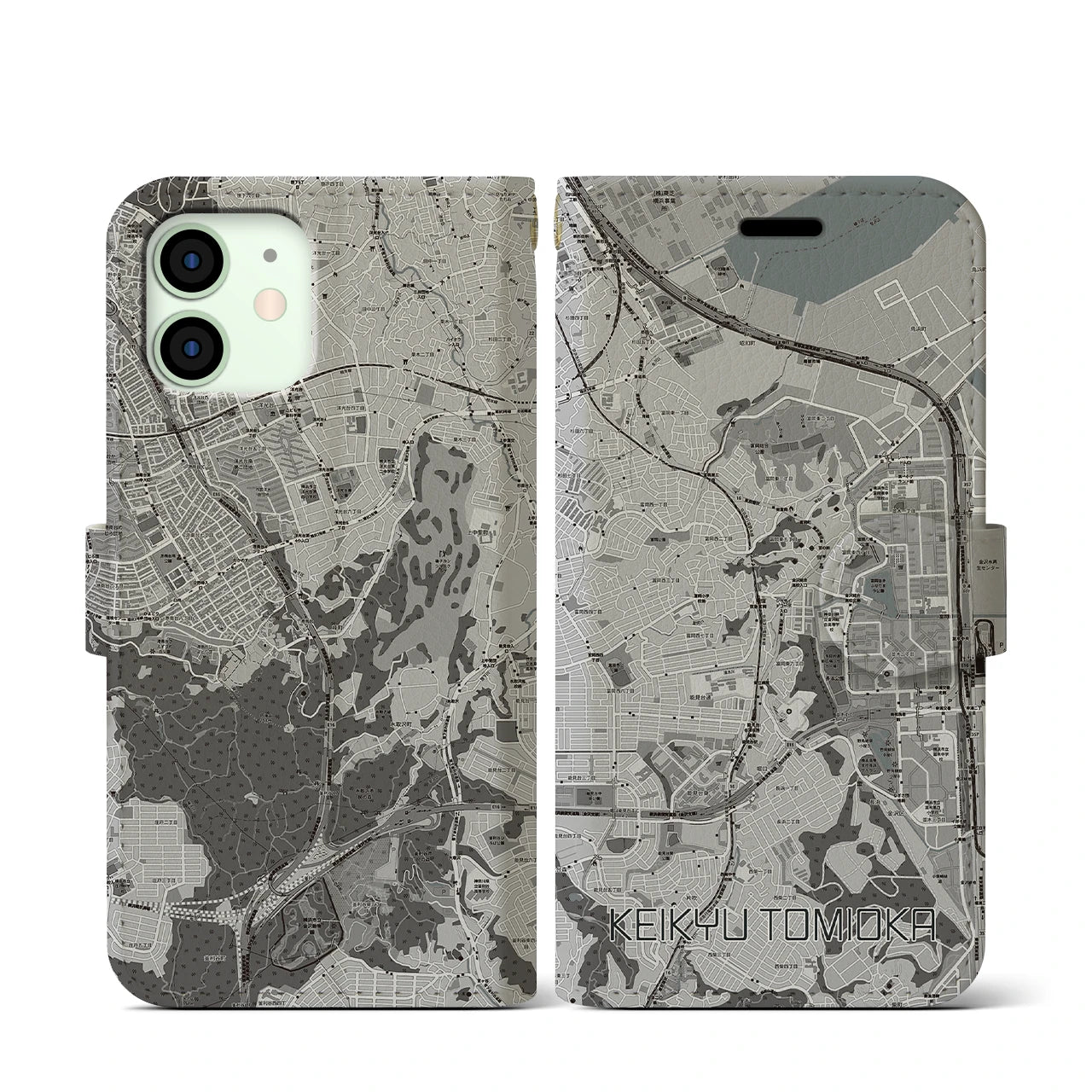 【京急富岡(神奈川県)】地図柄iPhoneケース(手帳タイプ)モノトーン・iPhone 12 mini 用