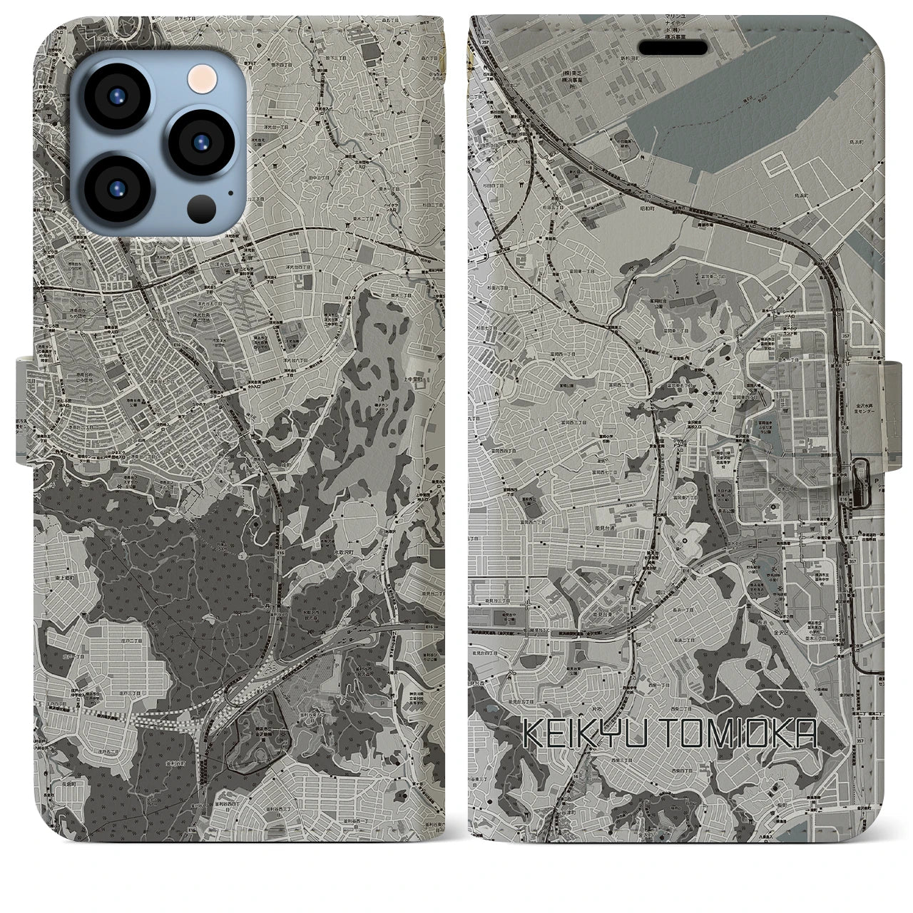 【京急富岡(神奈川県)】地図柄iPhoneケース(手帳タイプ)モノトーン・iPhone 13 Pro Max 用