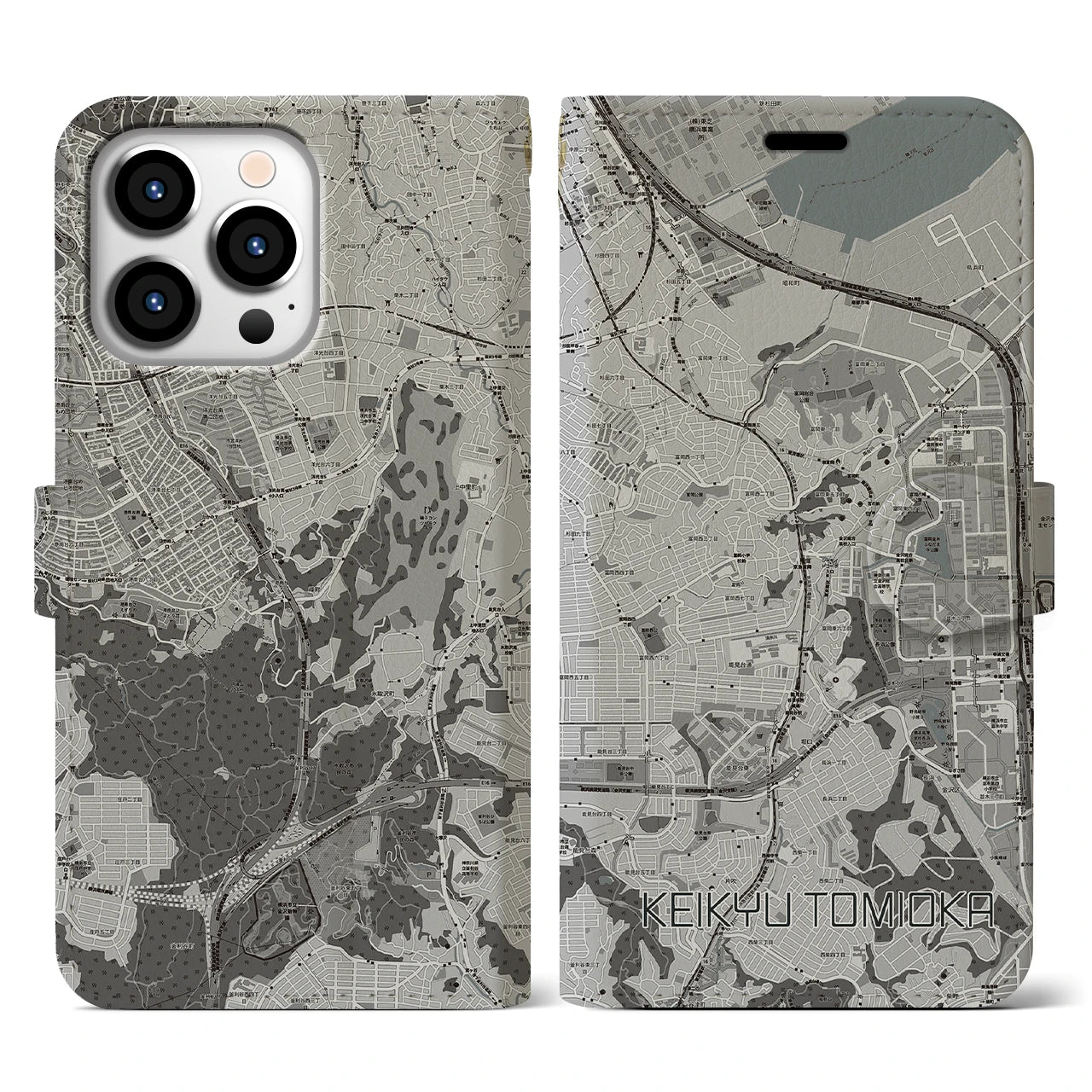 【京急富岡(神奈川県)】地図柄iPhoneケース(手帳タイプ)モノトーン・iPhone 13 Pro 用