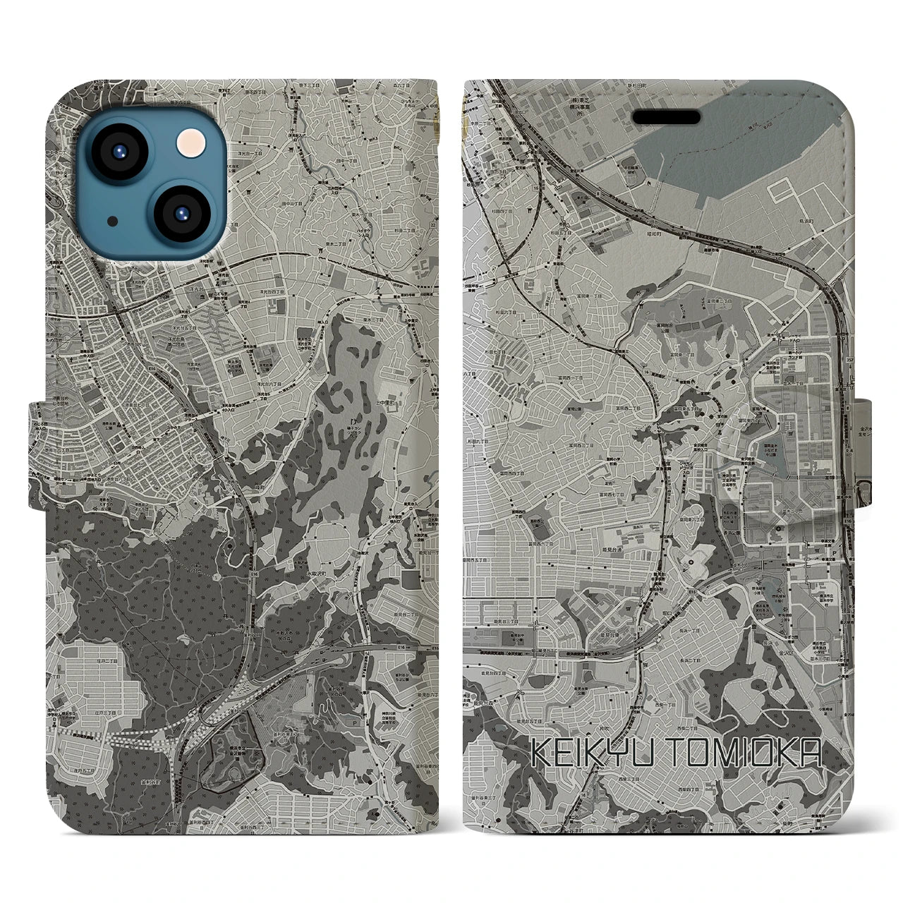 【京急富岡(神奈川県)】地図柄iPhoneケース(手帳タイプ)モノトーン・iPhone 13 用