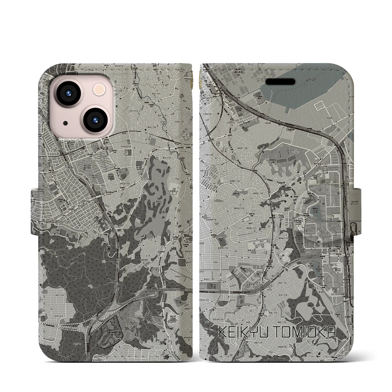 【京急富岡(神奈川県)】地図柄iPhoneケース(手帳タイプ)モノトーン・iPhone 13 mini 用
