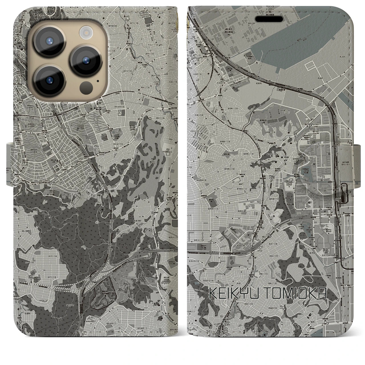 【京急富岡(神奈川県)】地図柄iPhoneケース(手帳タイプ)モノトーン・iPhone 14 Pro Max 用