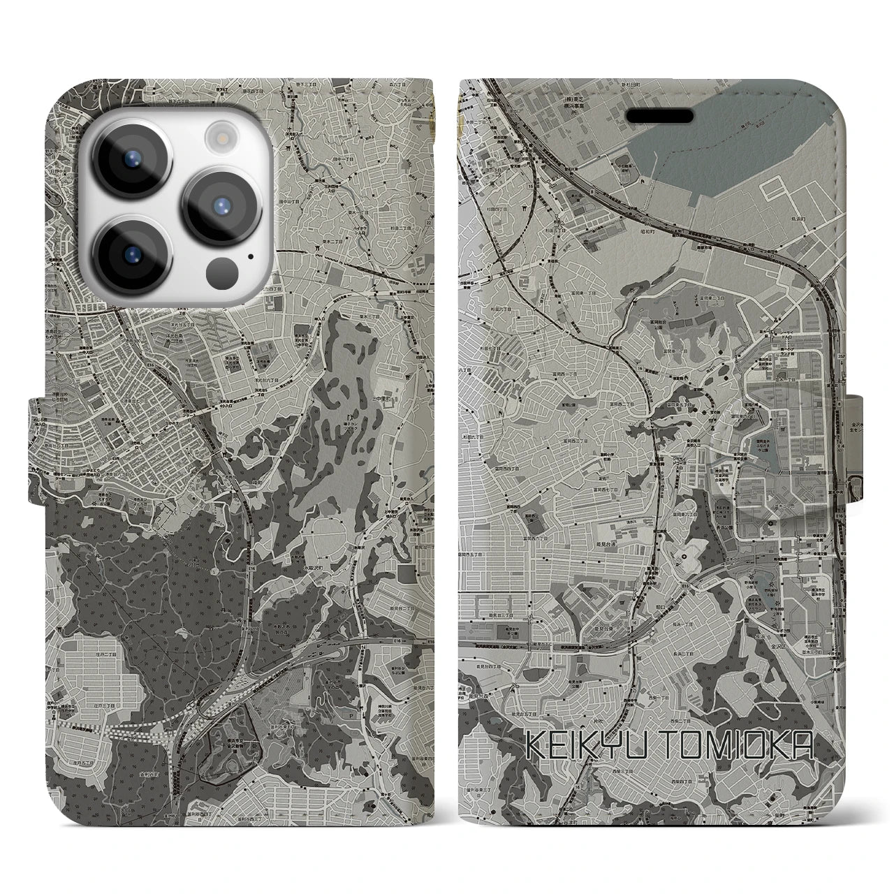 【京急富岡(神奈川県)】地図柄iPhoneケース(手帳タイプ)モノトーン・iPhone 14 Pro 用