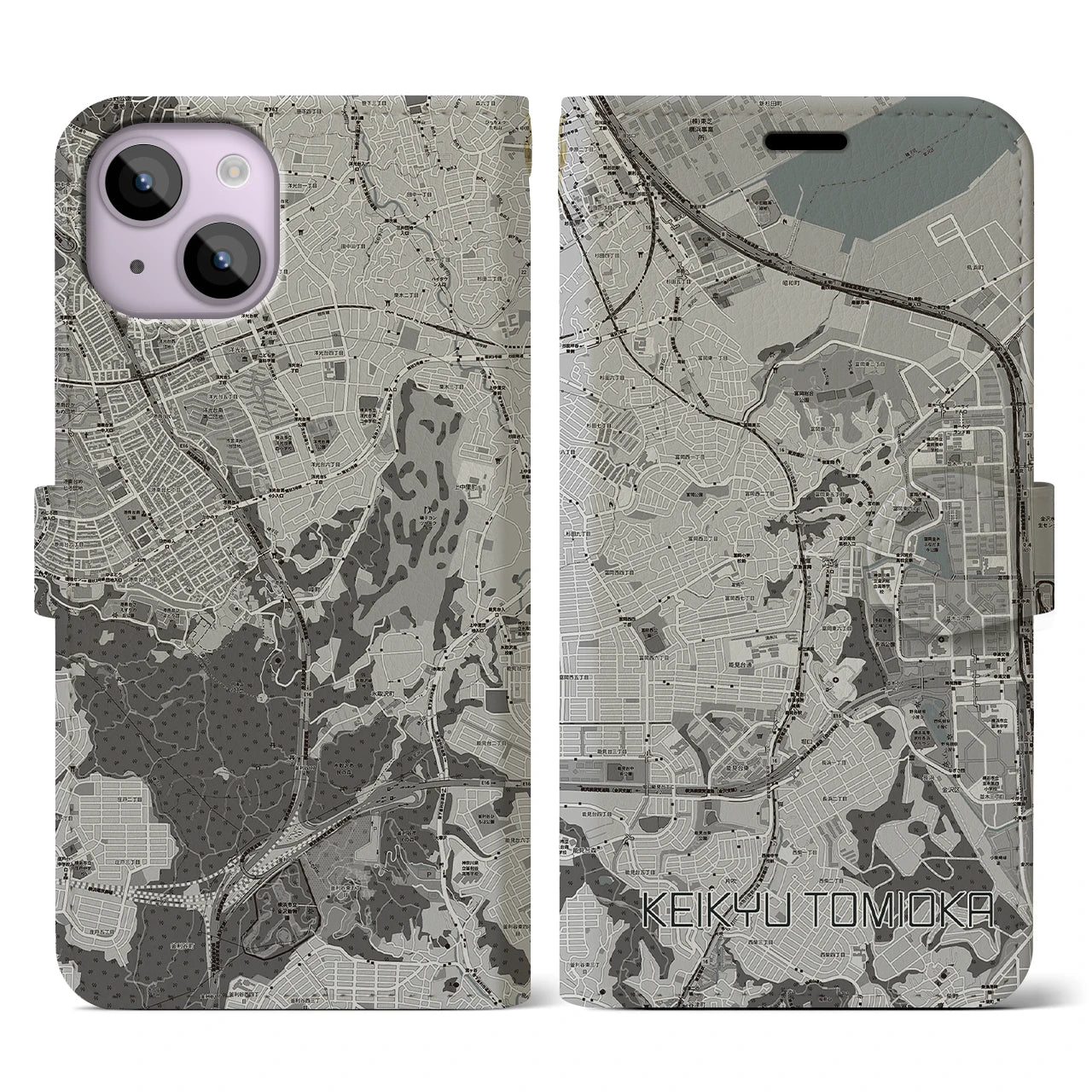 【京急富岡(神奈川県)】地図柄iPhoneケース(手帳タイプ)モノトーン・iPhone 14 用
