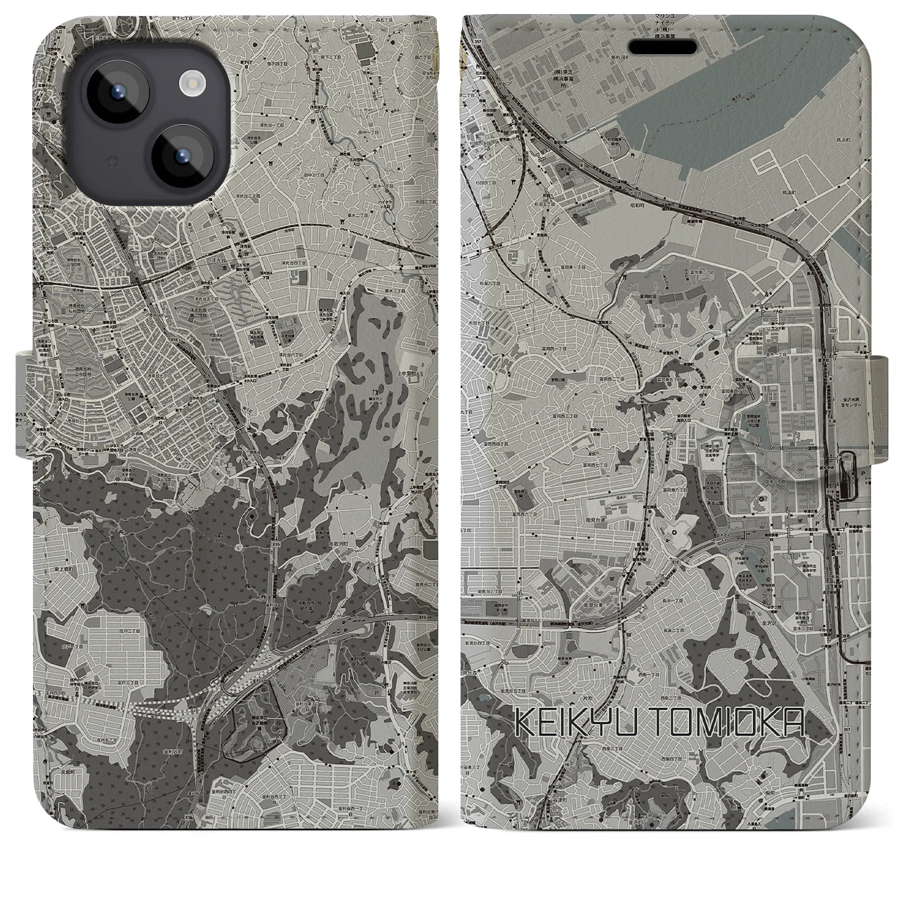 【京急富岡(神奈川県)】地図柄iPhoneケース(手帳タイプ)モノトーン・iPhone 14 Plus 用