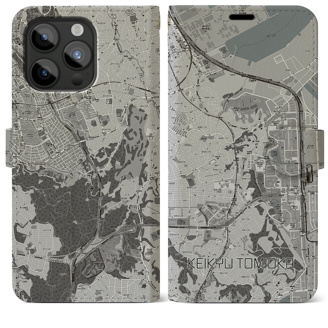 【京急富岡(神奈川県)】地図柄iPhoneケース(手帳タイプ)モノトーン・iPhone 15 Pro Max 用