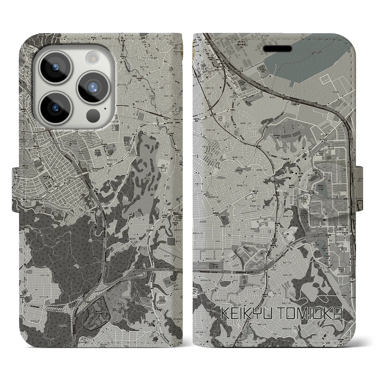 【京急富岡(神奈川県)】地図柄iPhoneケース(手帳タイプ)モノトーン・iPhone 15 Pro 用