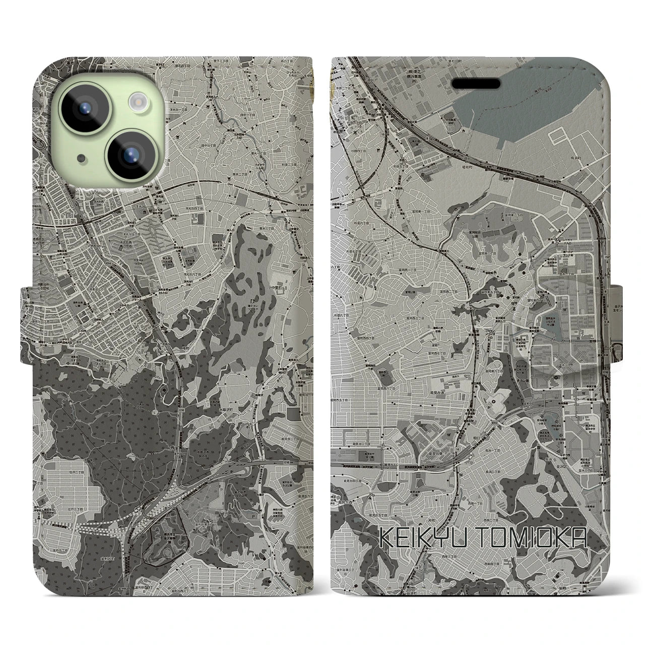 【京急富岡(神奈川県)】地図柄iPhoneケース(手帳タイプ)モノトーン・iPhone 15 用