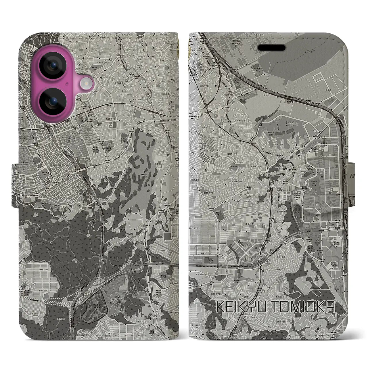 【京急富岡(神奈川県)】地図柄iPhoneケース(手帳タイプ)モノトーン・iPhone 16 Pro 用