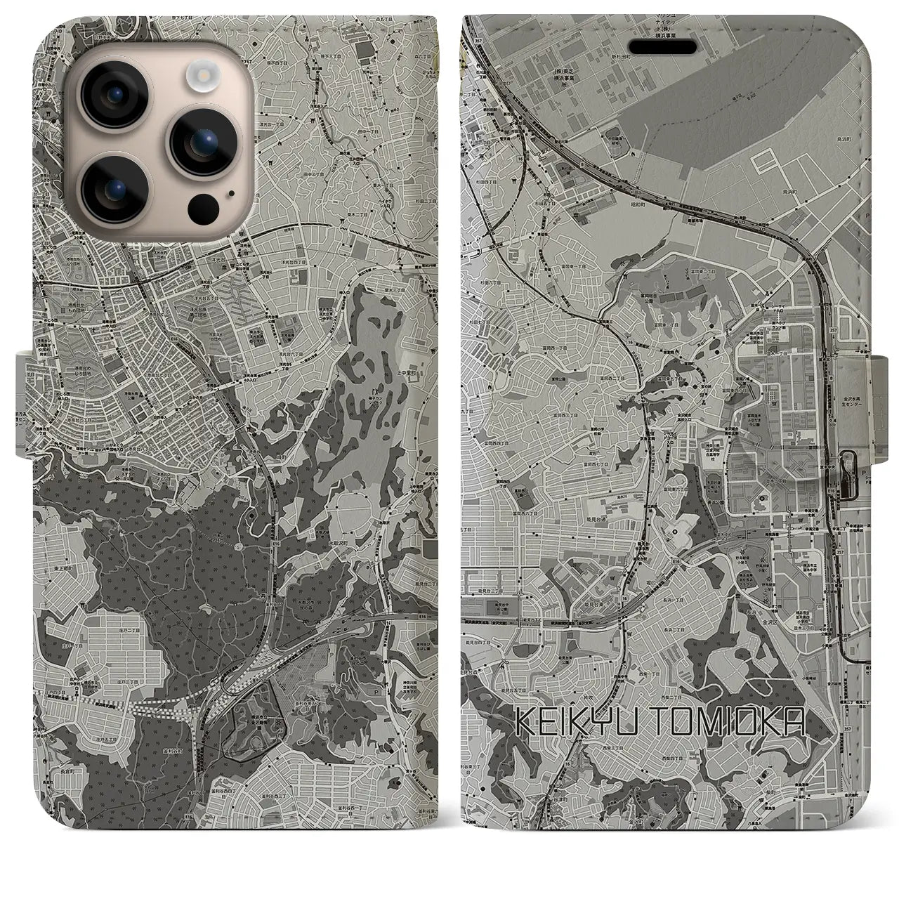 【京急富岡(神奈川県)】地図柄iPhoneケース(手帳タイプ)モノトーン・iPhone 16 Plus 用