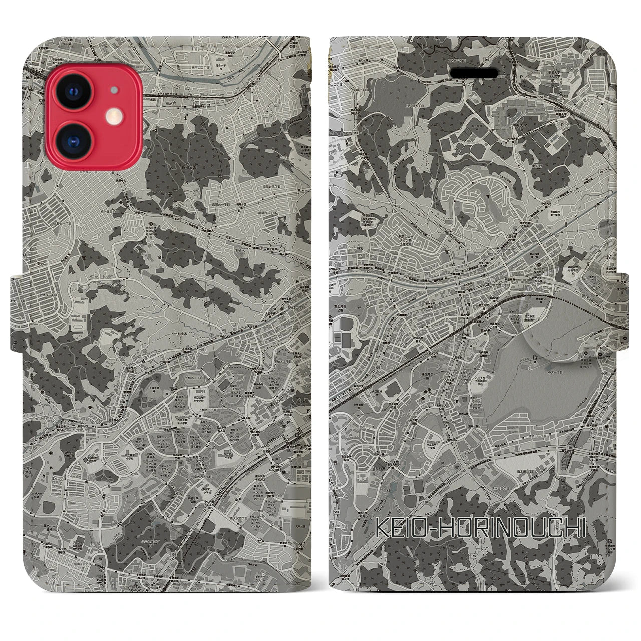 【京王堀之内(東京都)】地図柄iPhoneケース(手帳タイプ)モノトーン・iPhone 11 用