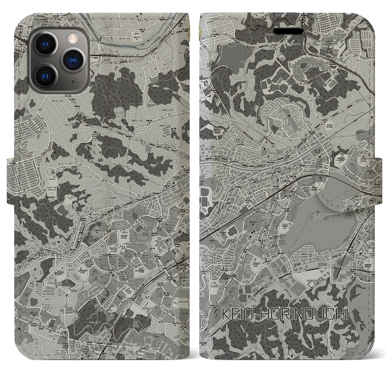 【京王堀之内(東京都)】地図柄iPhoneケース(手帳タイプ)モノトーン・iPhone 11 Pro Max 用