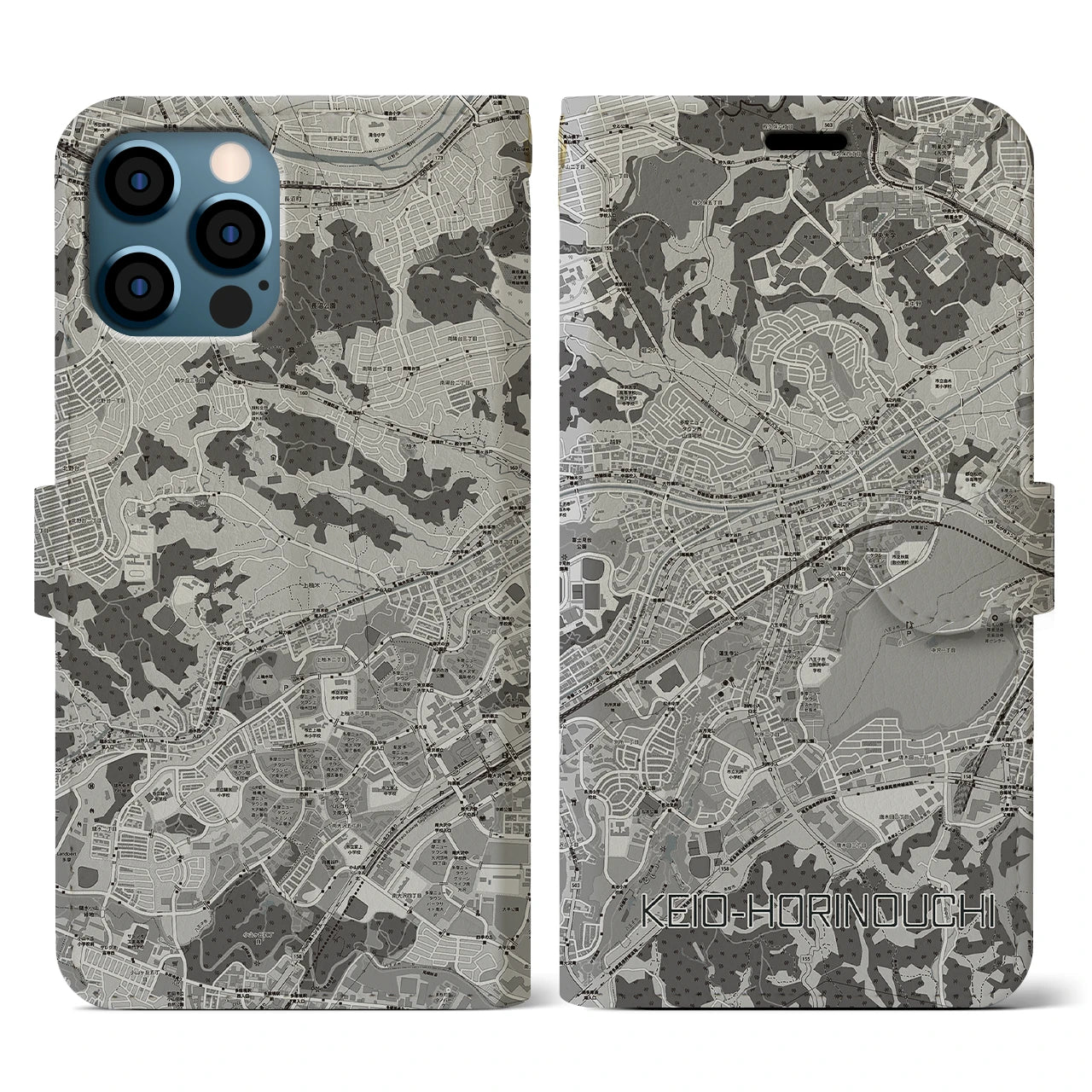 【京王堀之内(東京都)】地図柄iPhoneケース(手帳タイプ)モノトーン・iPhone 12 / 12 Pro 用