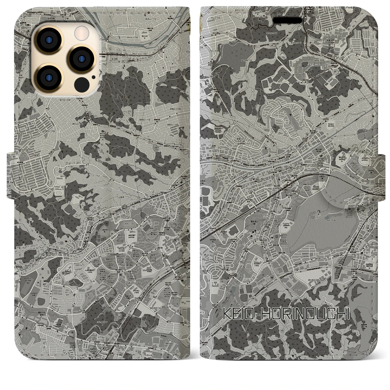 【京王堀之内(東京都)】地図柄iPhoneケース(手帳タイプ)モノトーン・iPhone 12 Pro Max 用