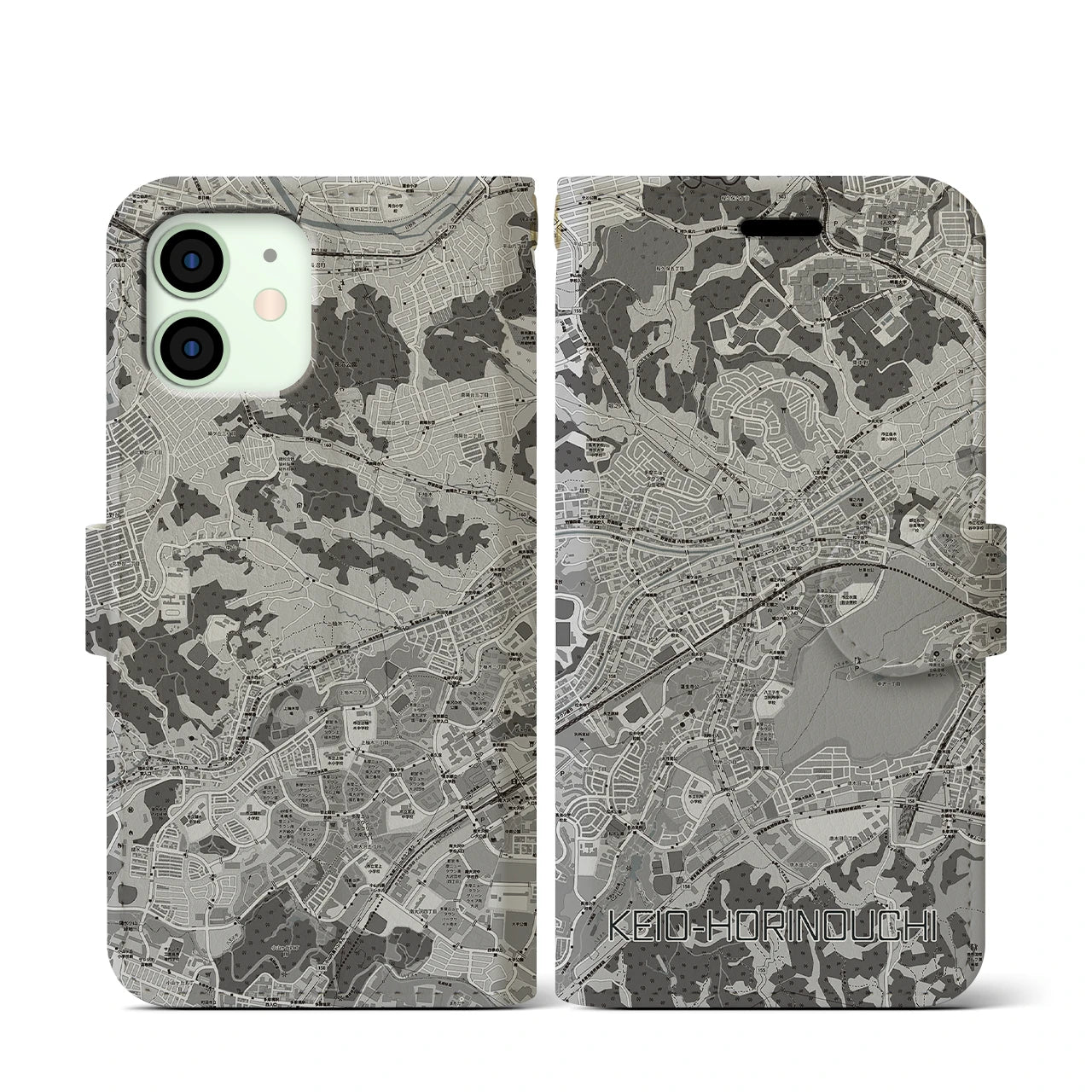 【京王堀之内(東京都)】地図柄iPhoneケース(手帳タイプ)モノトーン・iPhone 12 mini 用