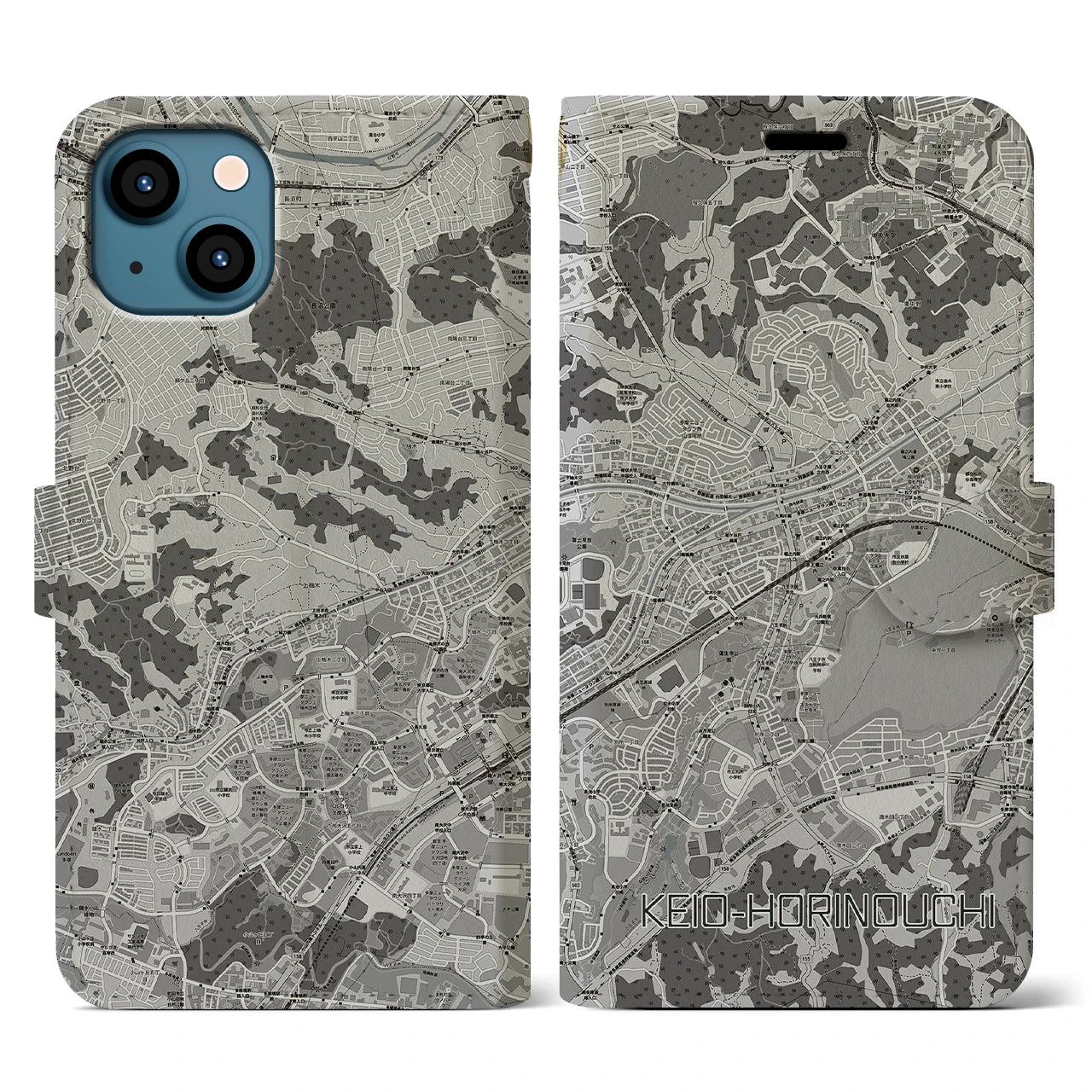 【京王堀之内(東京都)】地図柄iPhoneケース(手帳タイプ)モノトーン・iPhone 13 用