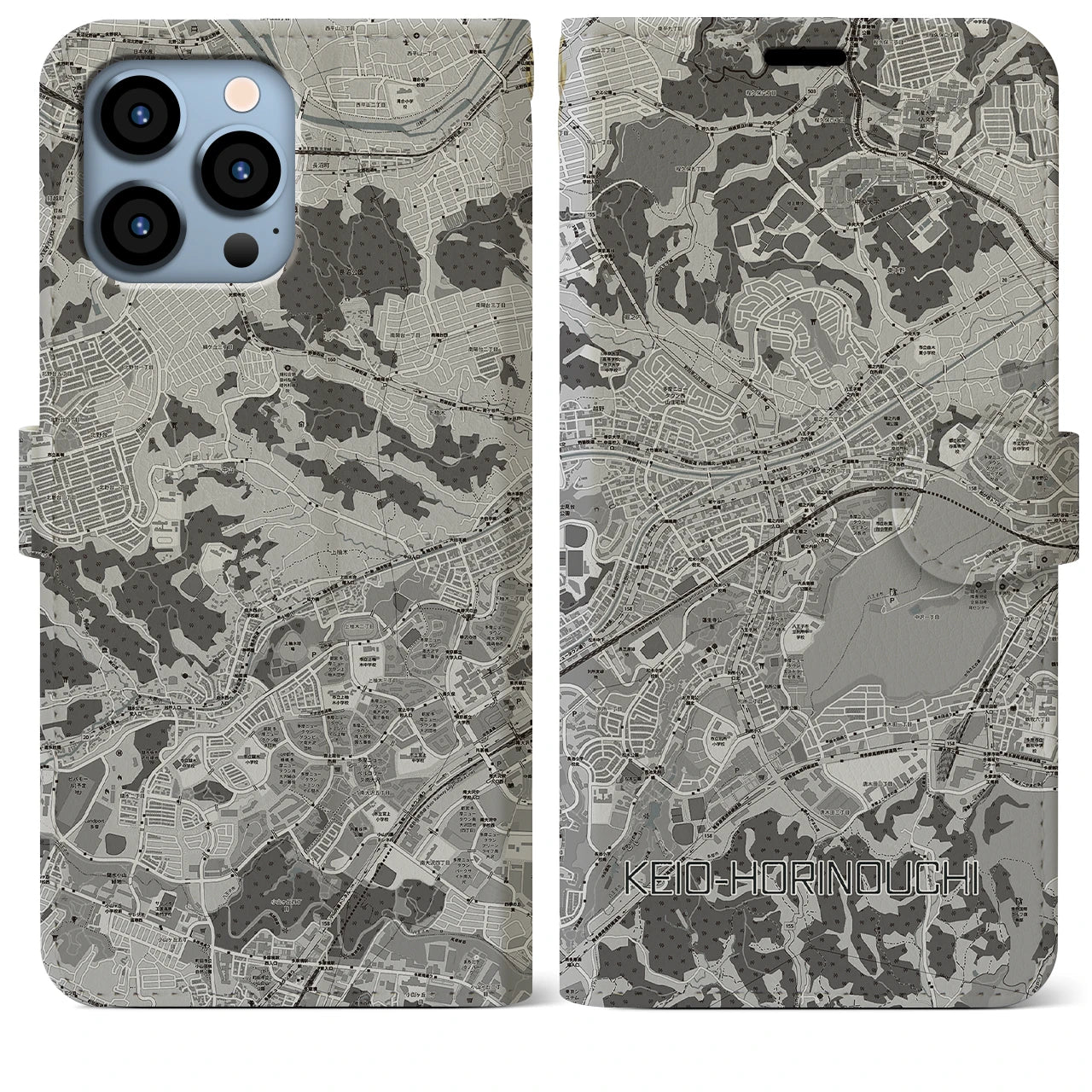【京王堀之内(東京都)】地図柄iPhoneケース(手帳タイプ)モノトーン・iPhone 13 Pro Max 用