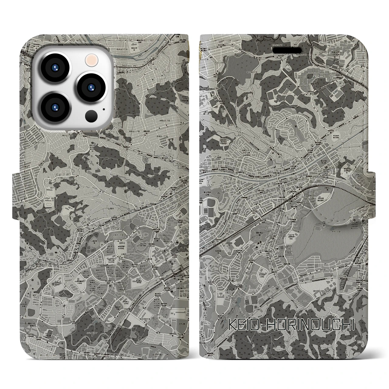 【京王堀之内(東京都)】地図柄iPhoneケース(手帳タイプ)モノトーン・iPhone 13 Pro 用