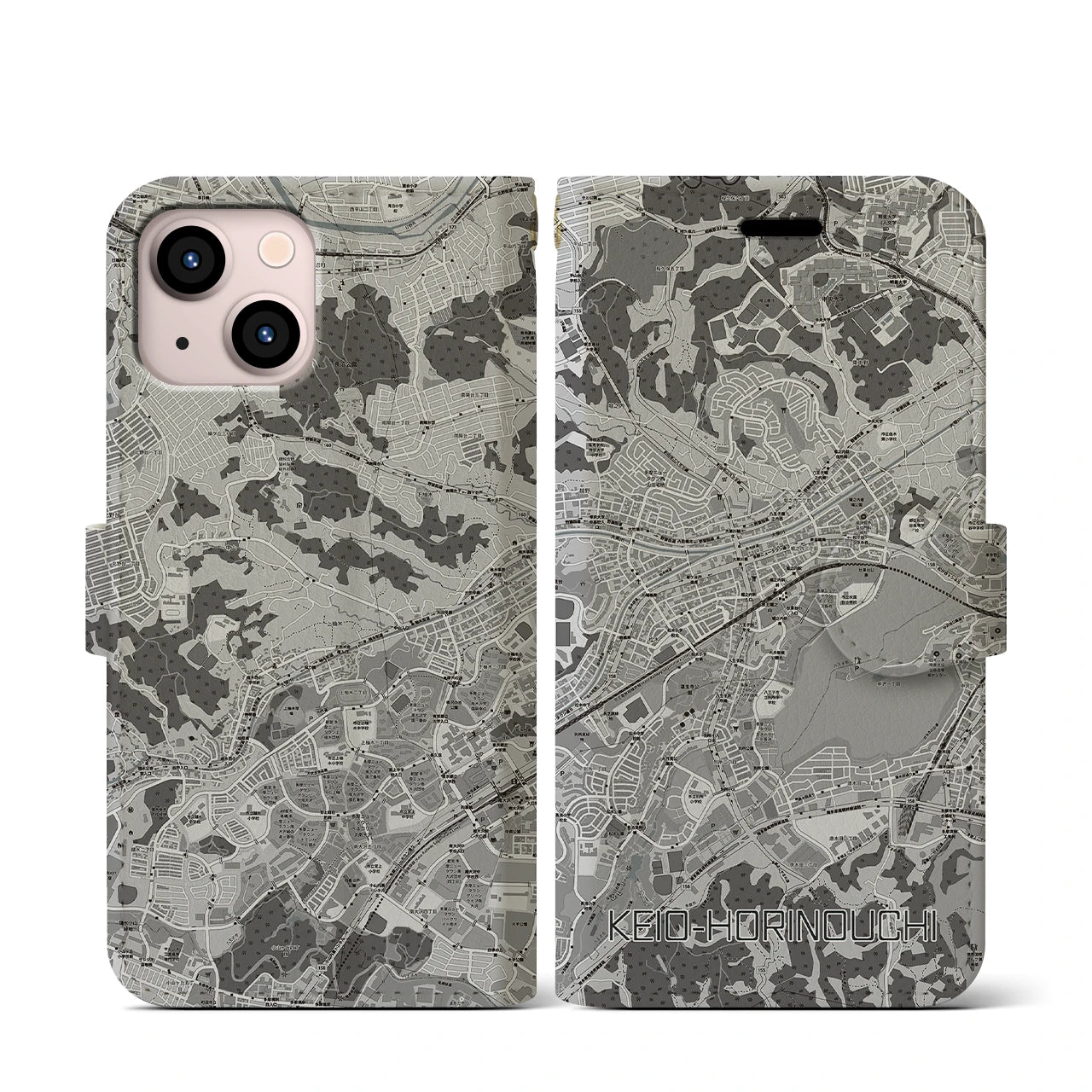 【京王堀之内(東京都)】地図柄iPhoneケース(手帳タイプ)モノトーン・iPhone 13 mini 用
