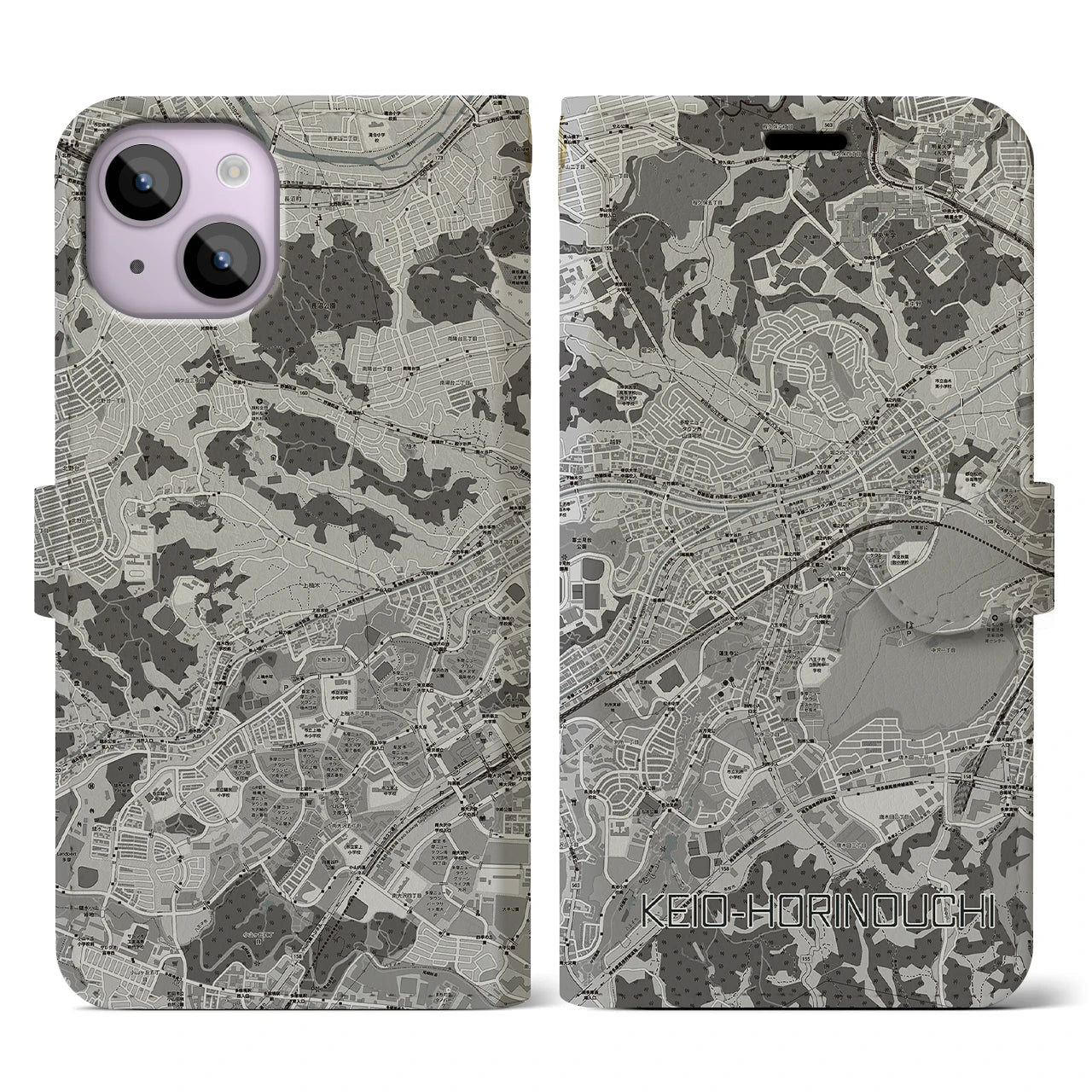 【京王堀之内(東京都)】地図柄iPhoneケース(手帳タイプ)モノトーン・iPhone 14 用