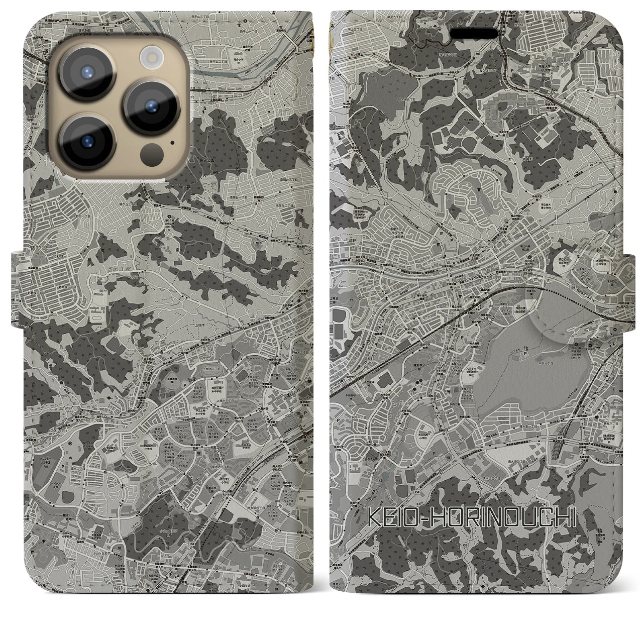 【京王堀之内(東京都)】地図柄iPhoneケース(手帳タイプ)モノトーン・iPhone 14 Pro Max 用