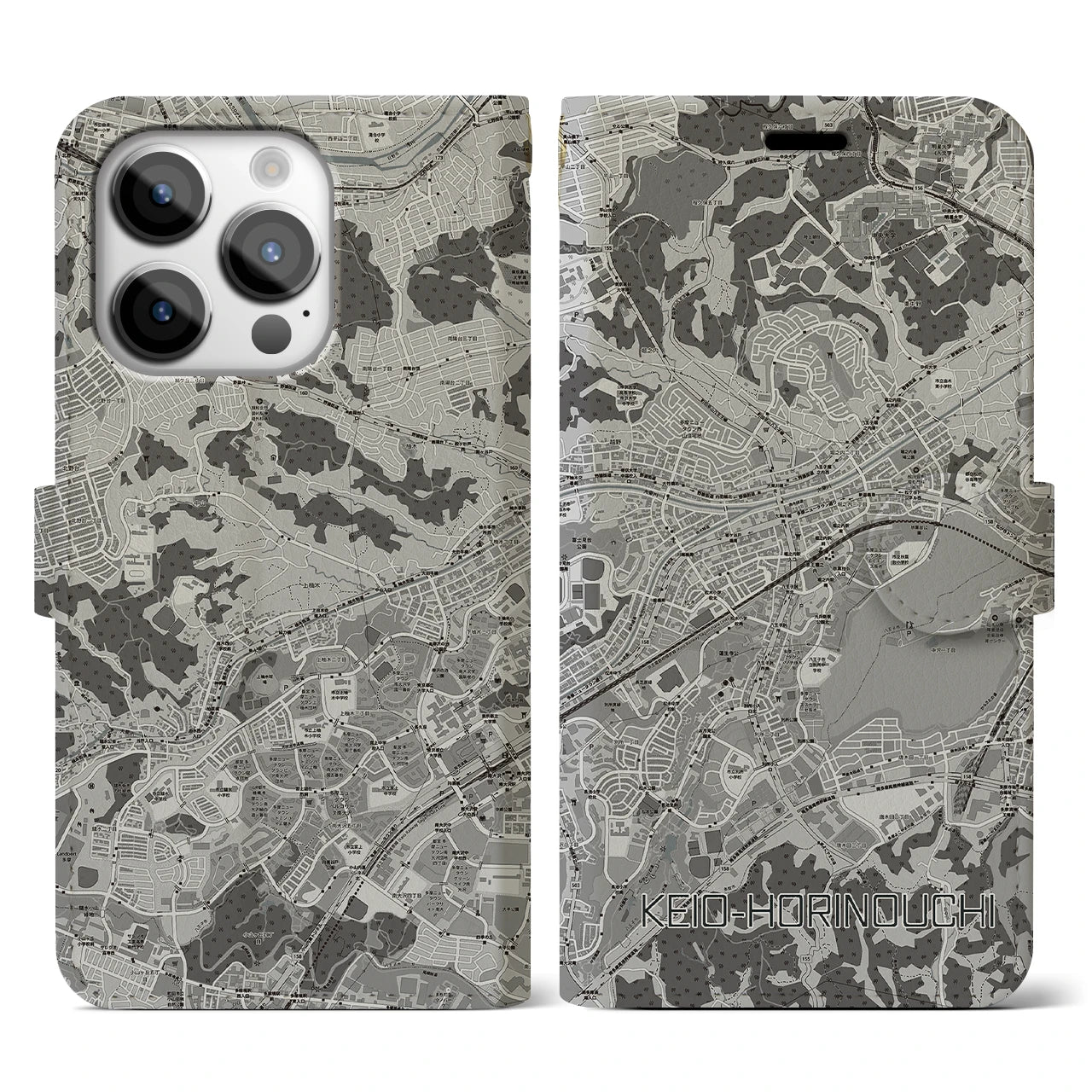 【京王堀之内(東京都)】地図柄iPhoneケース(手帳タイプ)モノトーン・iPhone 14 Pro 用
