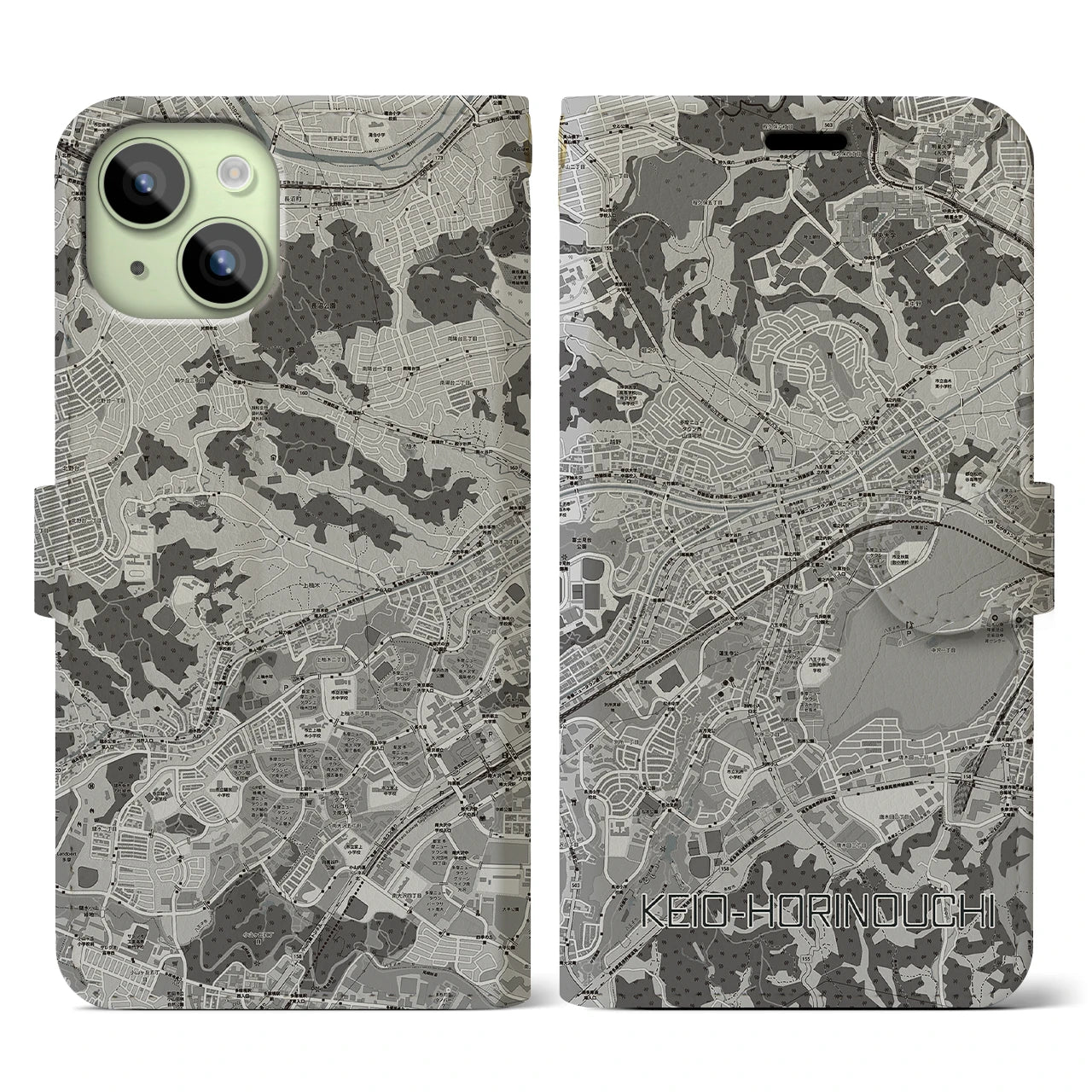 【京王堀之内(東京都)】地図柄iPhoneケース(手帳タイプ)モノトーン・iPhone 15 用