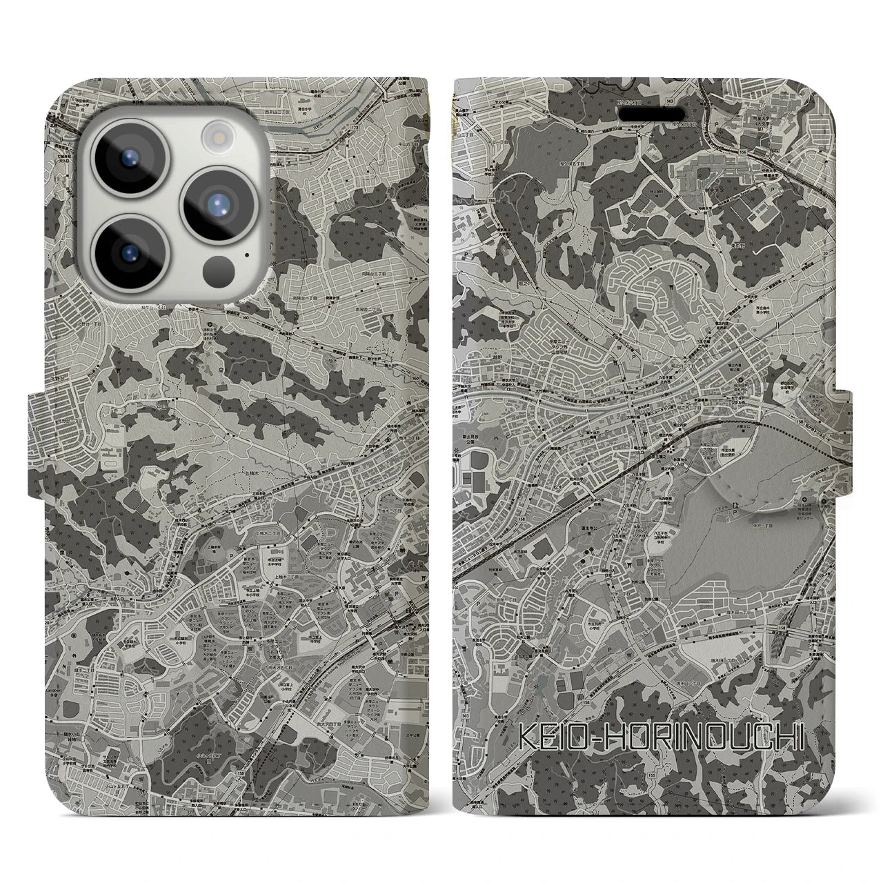 【京王堀之内(東京都)】地図柄iPhoneケース(手帳タイプ)モノトーン・iPhone 15 Pro 用
