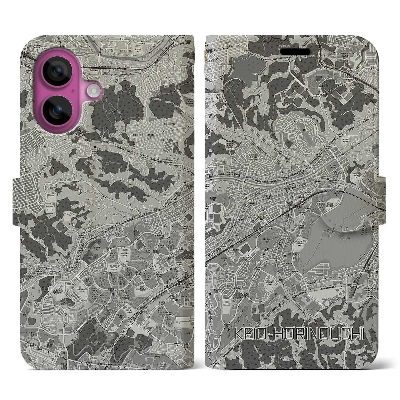【京王堀之内(東京都)】地図柄iPhoneケース(手帳タイプ)モノトーン・iPhone 16 Pro 用
