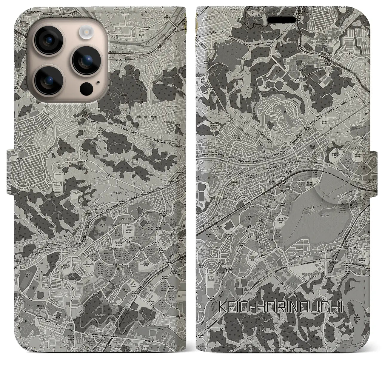 【京王堀之内(東京都)】地図柄iPhoneケース(手帳タイプ)モノトーン・iPhone 16 Plus 用