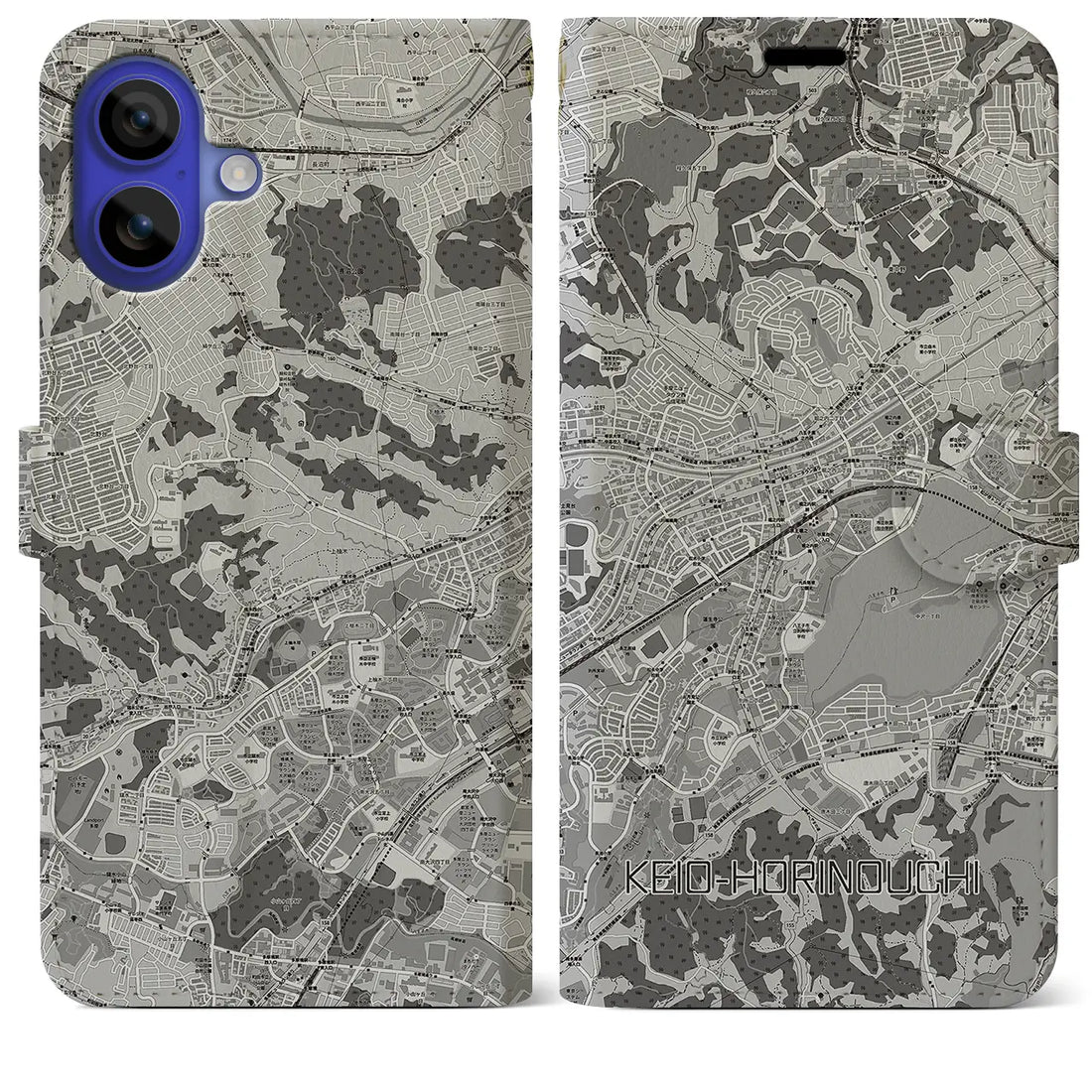 【京王堀之内(東京都)】地図柄iPhoneケース(手帳タイプ)モノトーン・iPhone 16 Pro Max 用