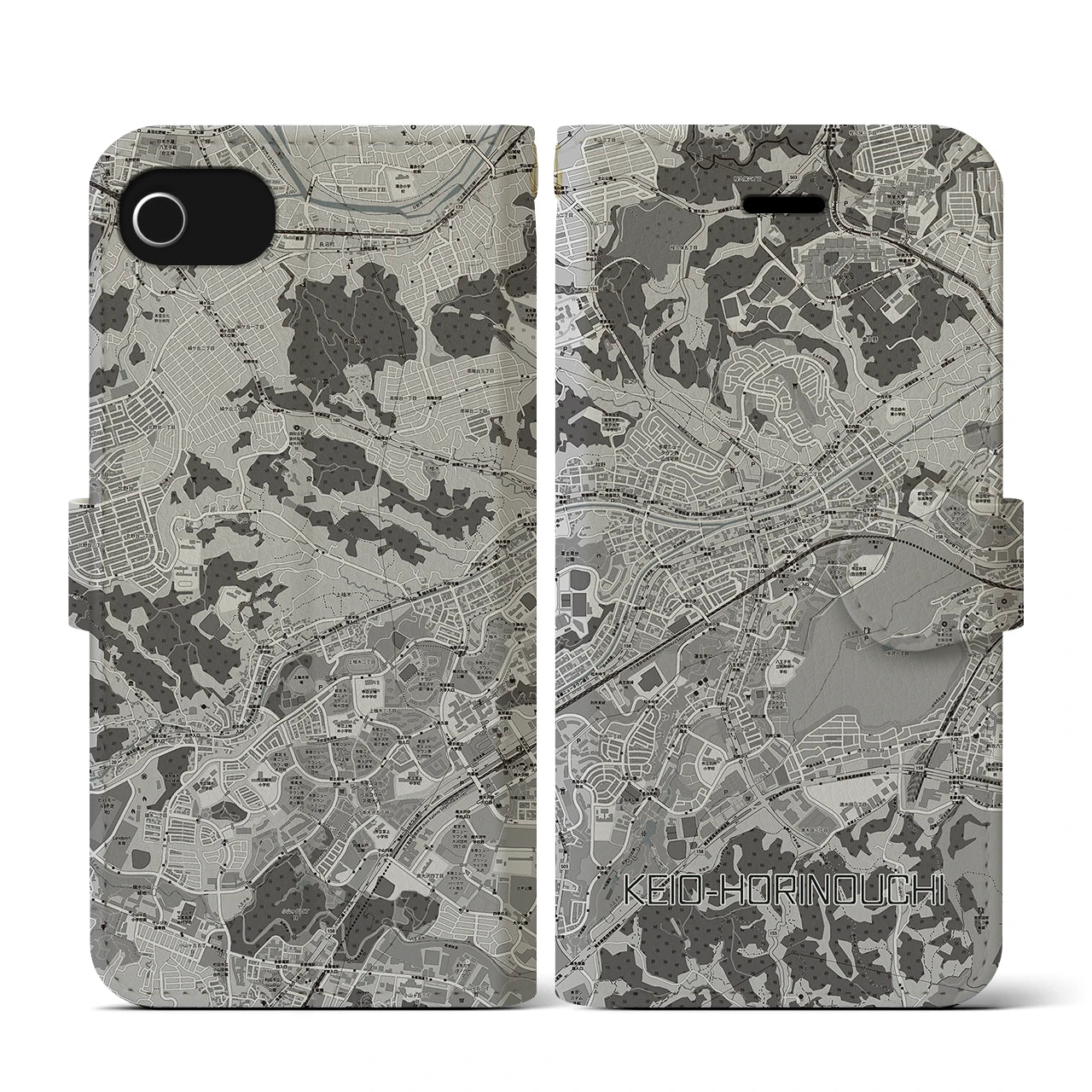 【京王堀之内(東京都)】地図柄iPhoneケース(手帳タイプ)モノトーン・iPhone SE(第3 / 第2世代) / 8 / 7 / 6s / 6 用
