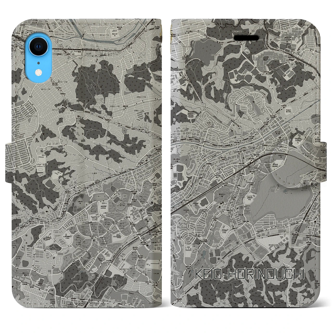 【京王堀之内(東京都)】地図柄iPhoneケース(手帳タイプ)モノトーン・iPhone XR 用