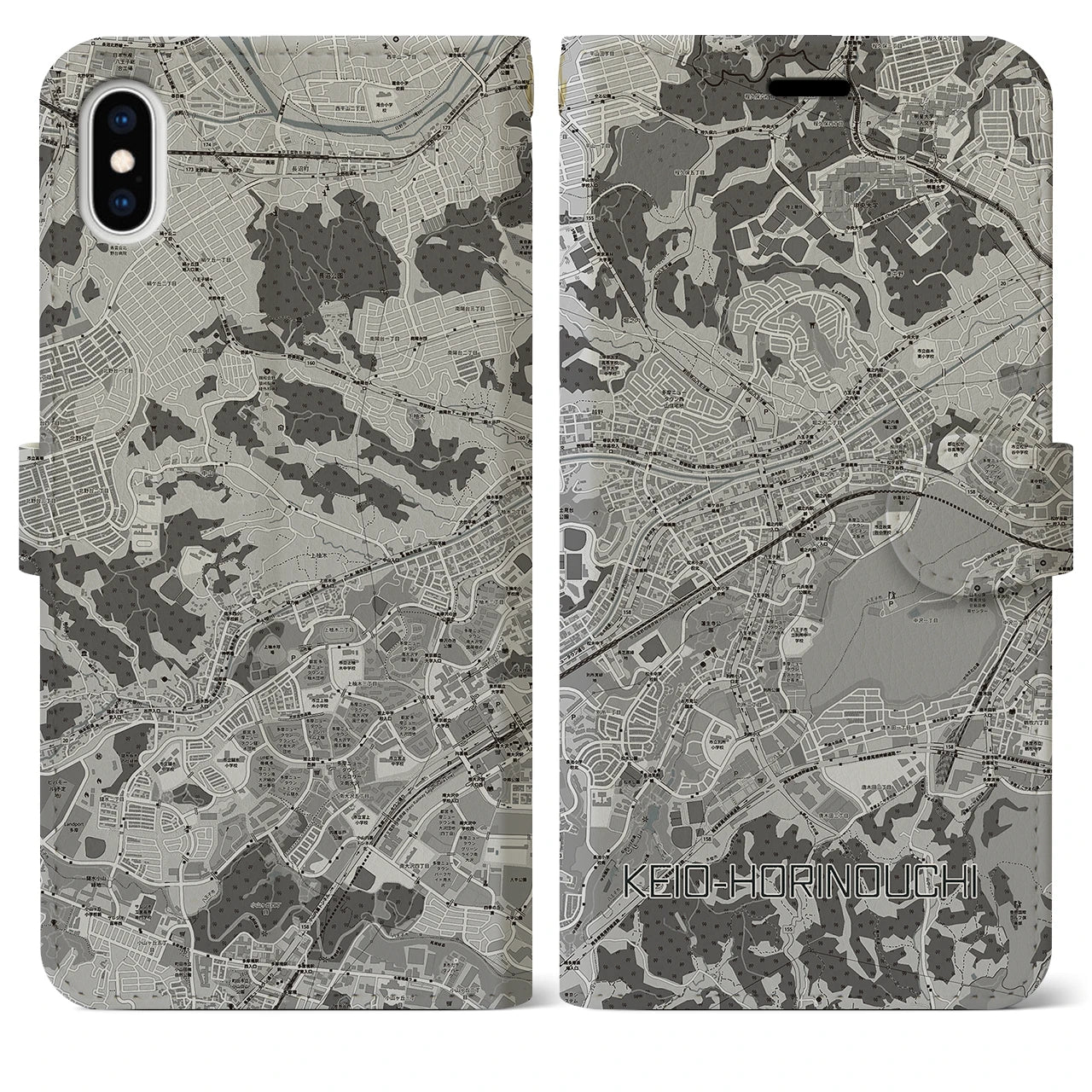【京王堀之内(東京都)】地図柄iPhoneケース(手帳タイプ)モノトーン・iPhone XS Max 用
