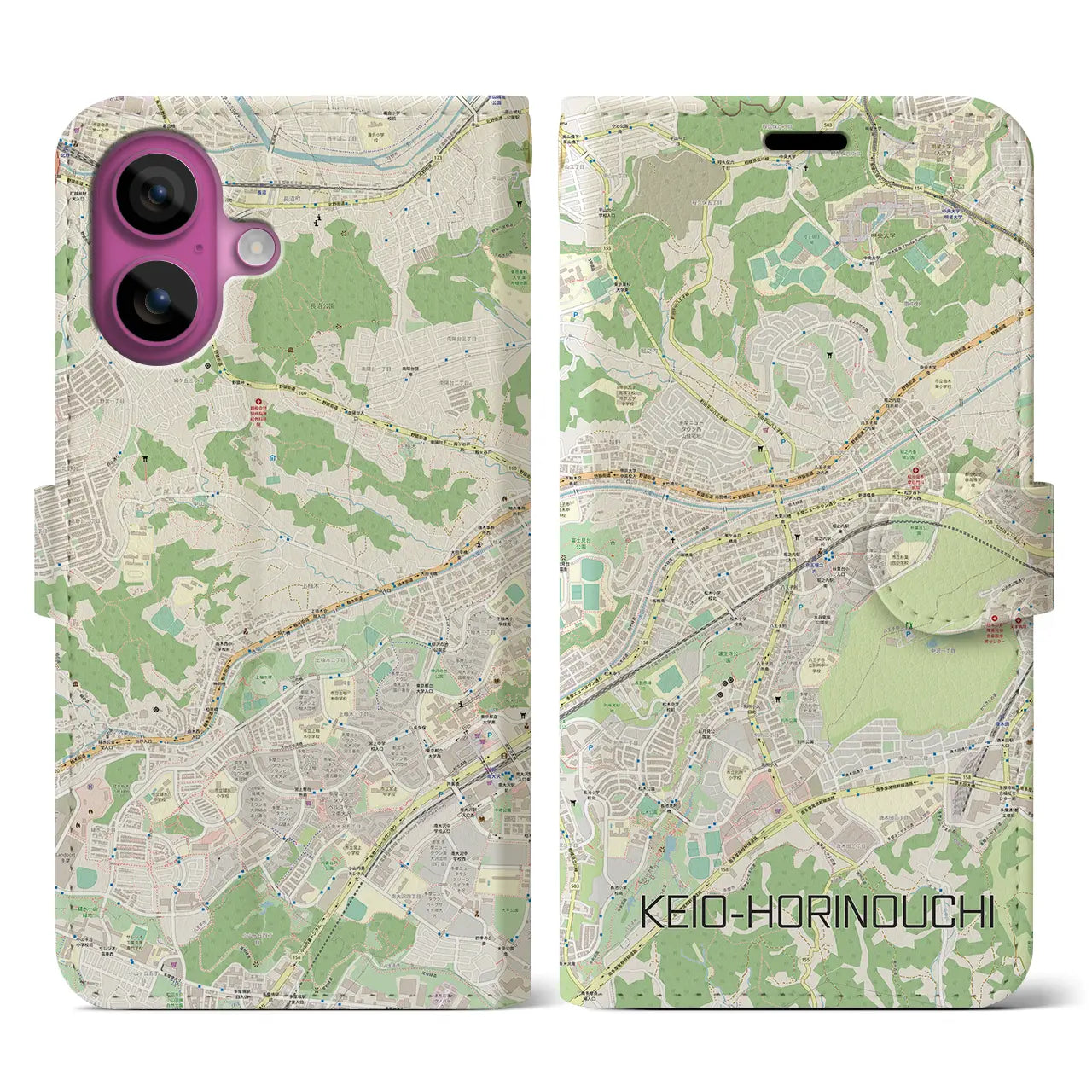 【京王堀之内(東京都)】地図柄iPhoneケース(手帳タイプ)ナチュラル・iPhone 16 Pro 用