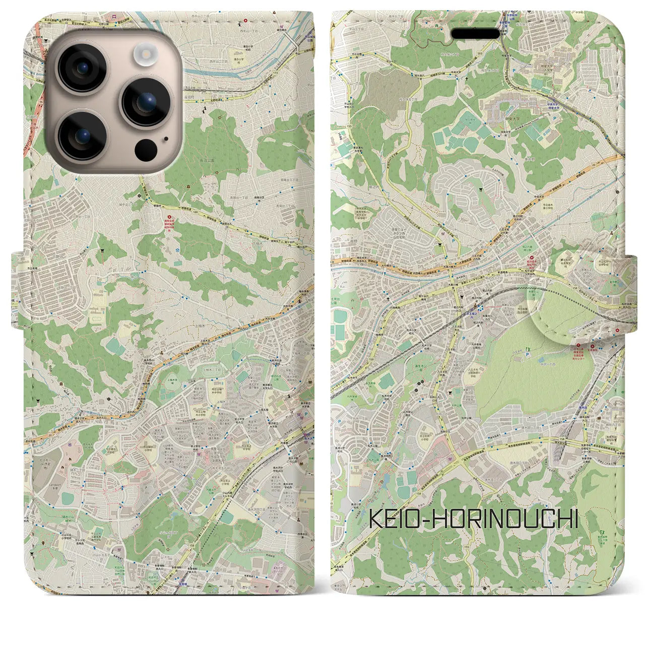 【京王堀之内(東京都)】地図柄iPhoneケース(手帳タイプ)ナチュラル・iPhone 16 Plus 用