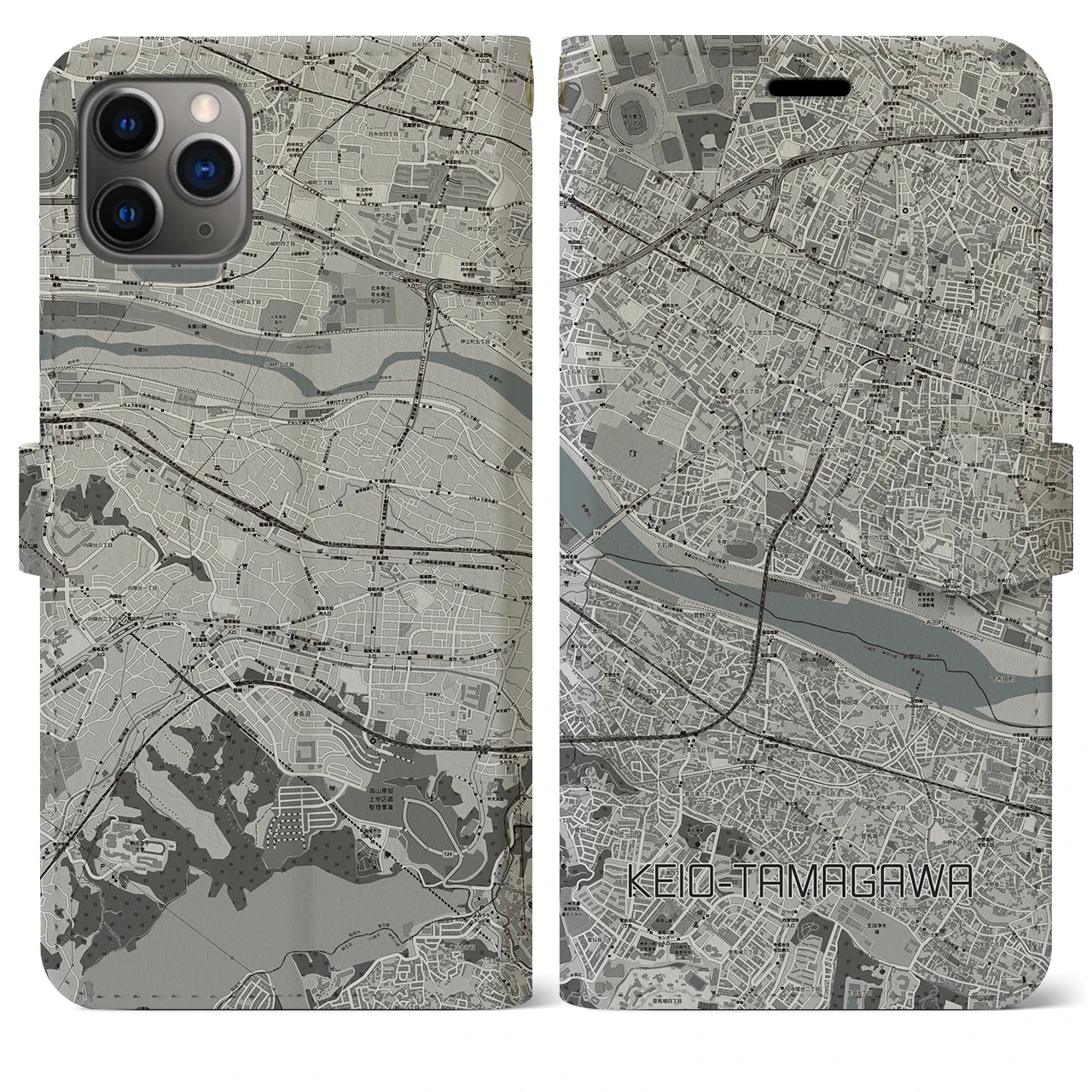 【京王多摩川(東京都)】地図柄iPhoneケース(手帳タイプ)モノトーン・iPhone 11 Pro Max 用