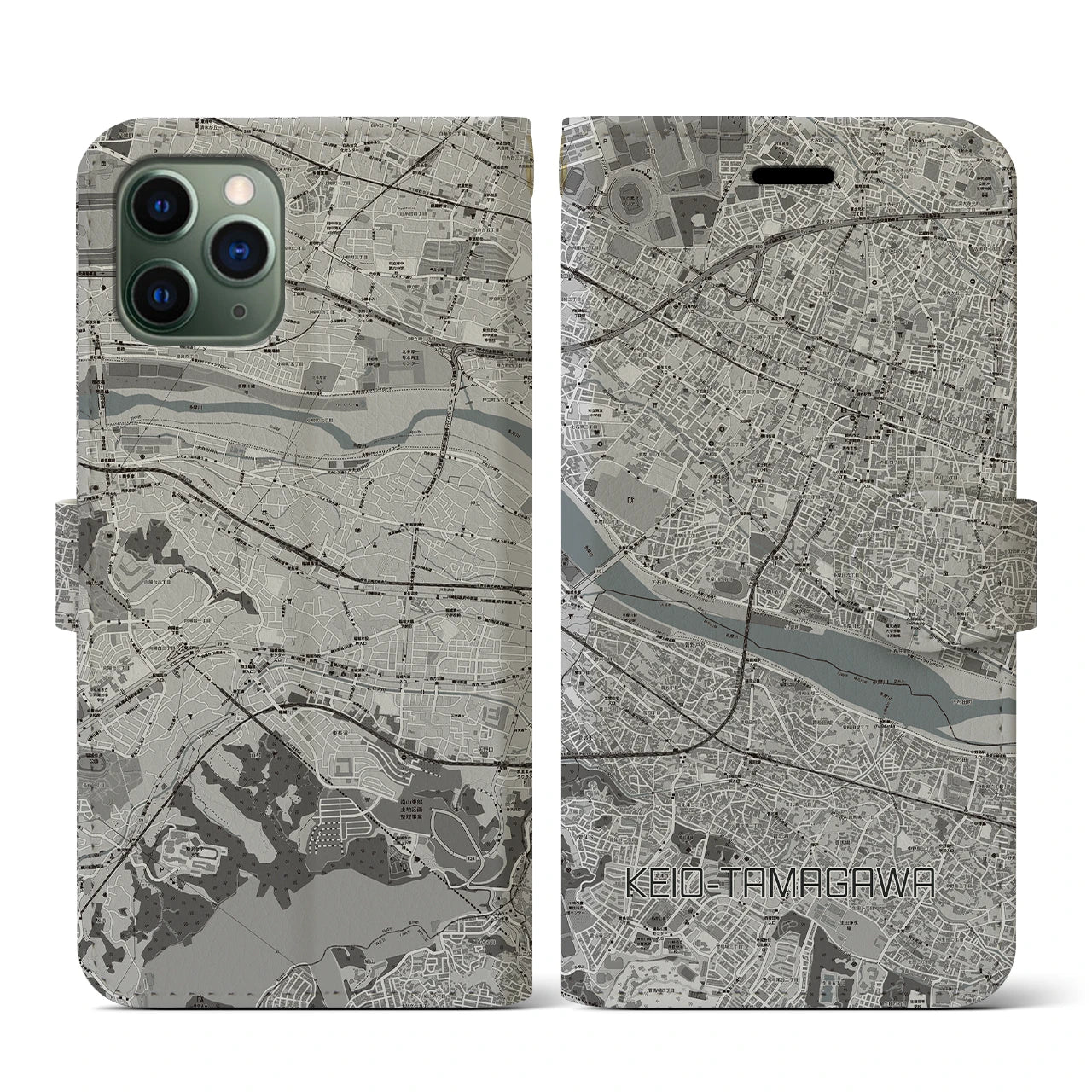 【京王多摩川(東京都)】地図柄iPhoneケース(手帳タイプ)モノトーン・iPhone 11 Pro 用