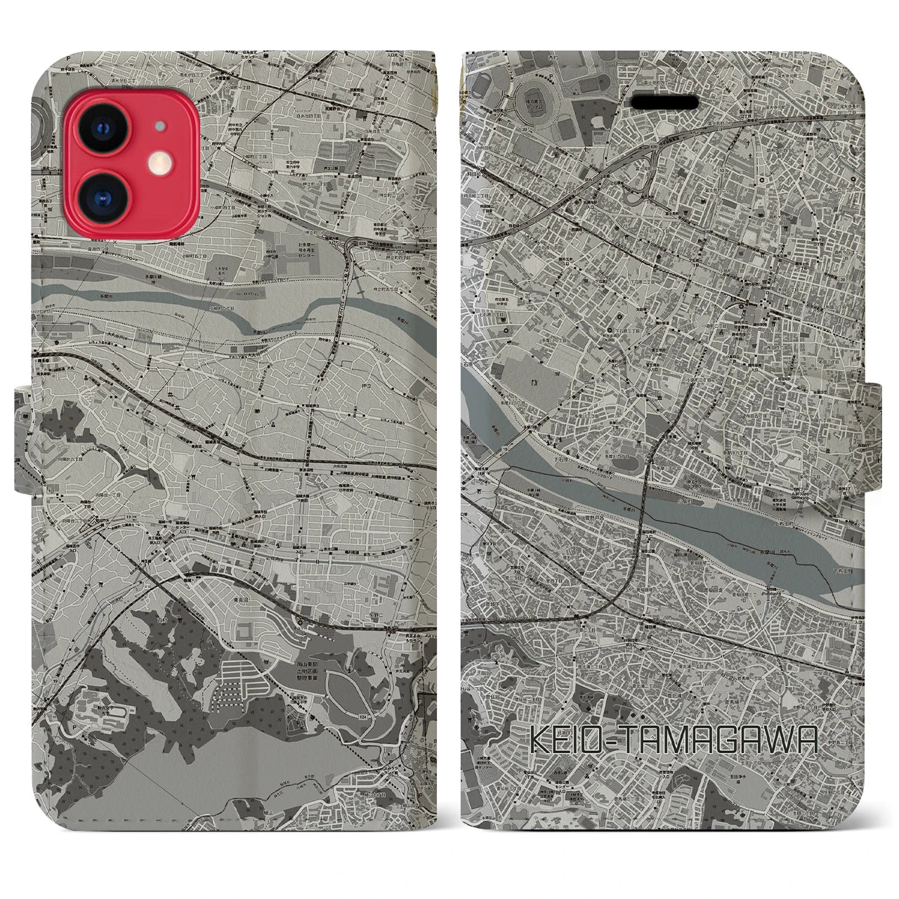 【京王多摩川(東京都)】地図柄iPhoneケース(手帳タイプ)モノトーン・iPhone 11 用