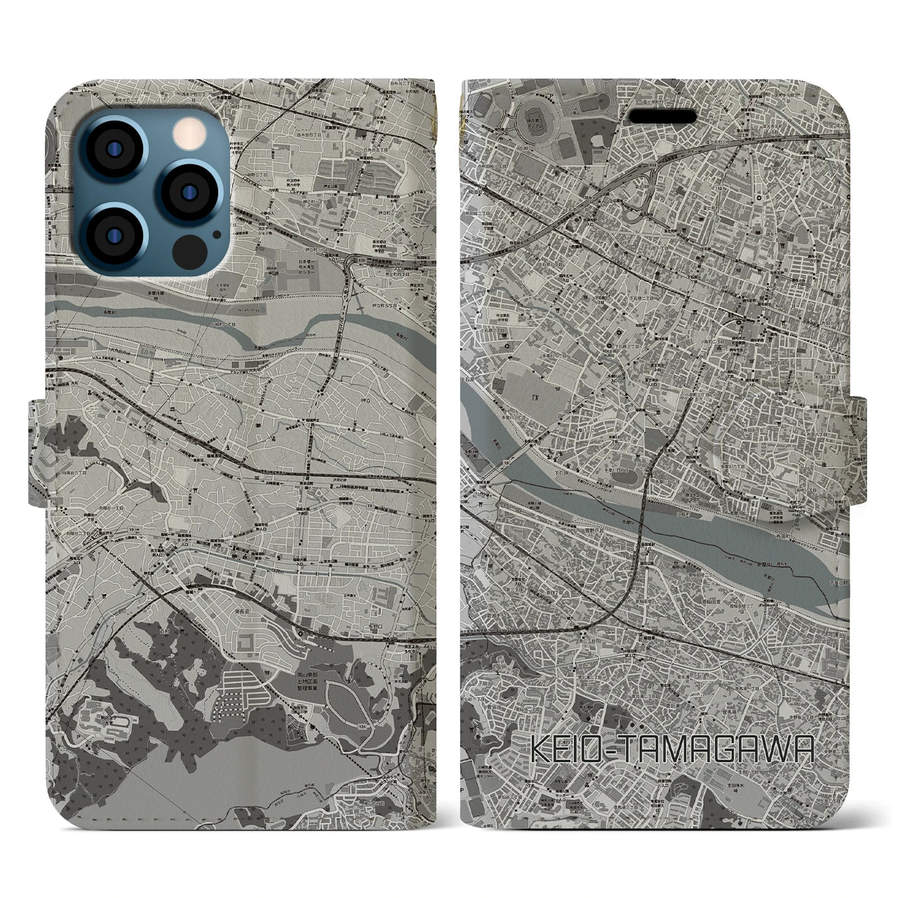 【京王多摩川(東京都)】地図柄iPhoneケース(手帳タイプ)モノトーン・iPhone 12 / 12 Pro 用
