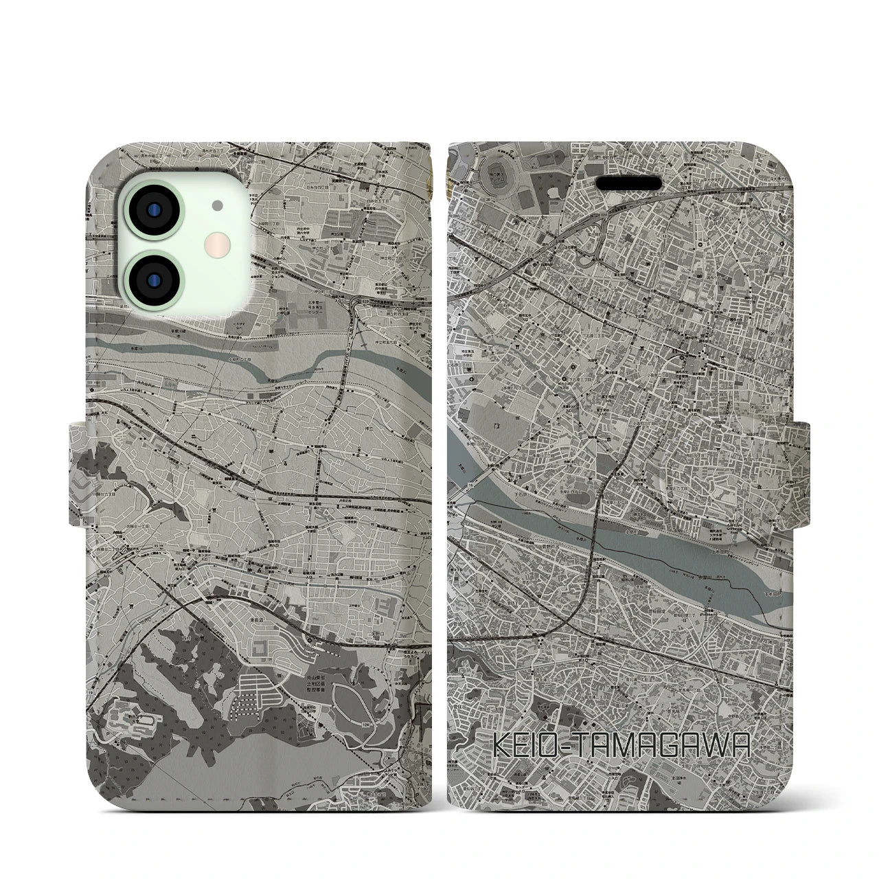 【京王多摩川(東京都)】地図柄iPhoneケース(手帳タイプ)モノトーン・iPhone 12 mini 用