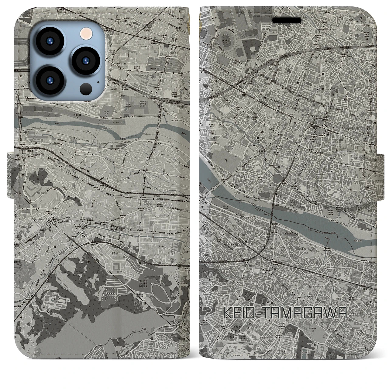 【京王多摩川(東京都)】地図柄iPhoneケース(手帳タイプ)モノトーン・iPhone 13 Pro Max 用