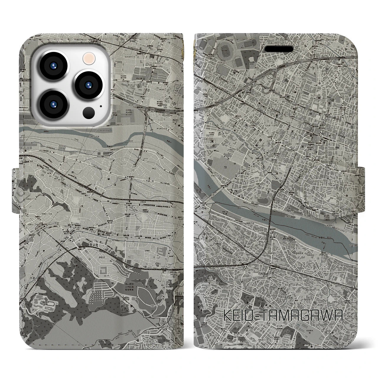 【京王多摩川(東京都)】地図柄iPhoneケース(手帳タイプ)モノトーン・iPhone 13 Pro 用
