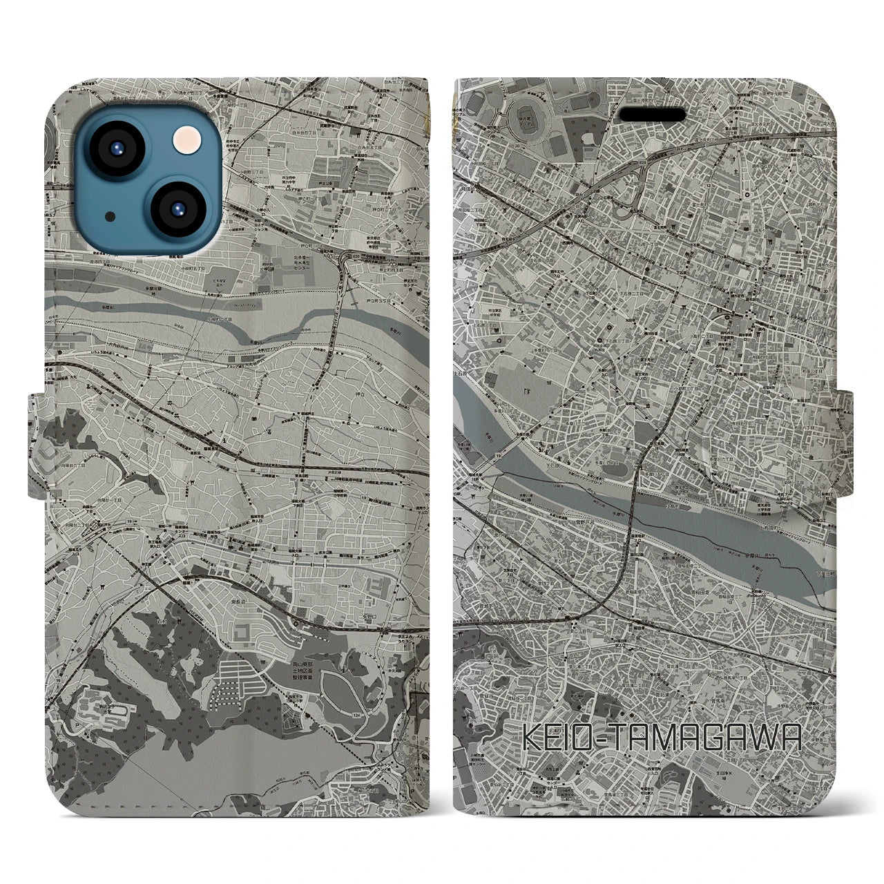 【京王多摩川(東京都)】地図柄iPhoneケース(手帳タイプ)モノトーン・iPhone 13 用