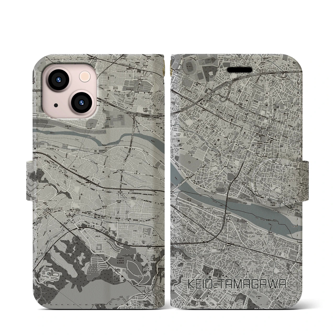 【京王多摩川(東京都)】地図柄iPhoneケース(手帳タイプ)モノトーン・iPhone 13 mini 用