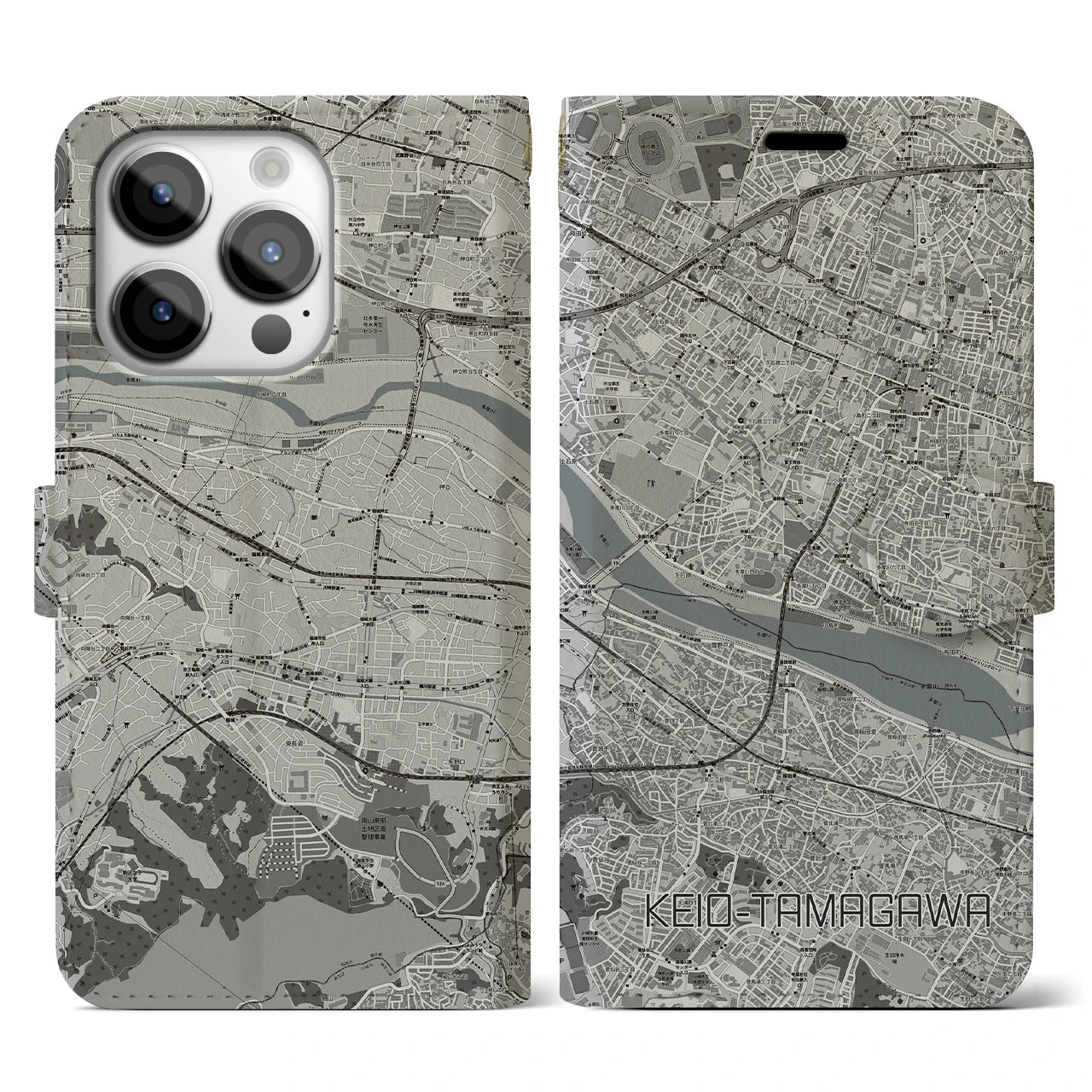 【京王多摩川(東京都)】地図柄iPhoneケース(手帳タイプ)モノトーン・iPhone 14 Pro 用