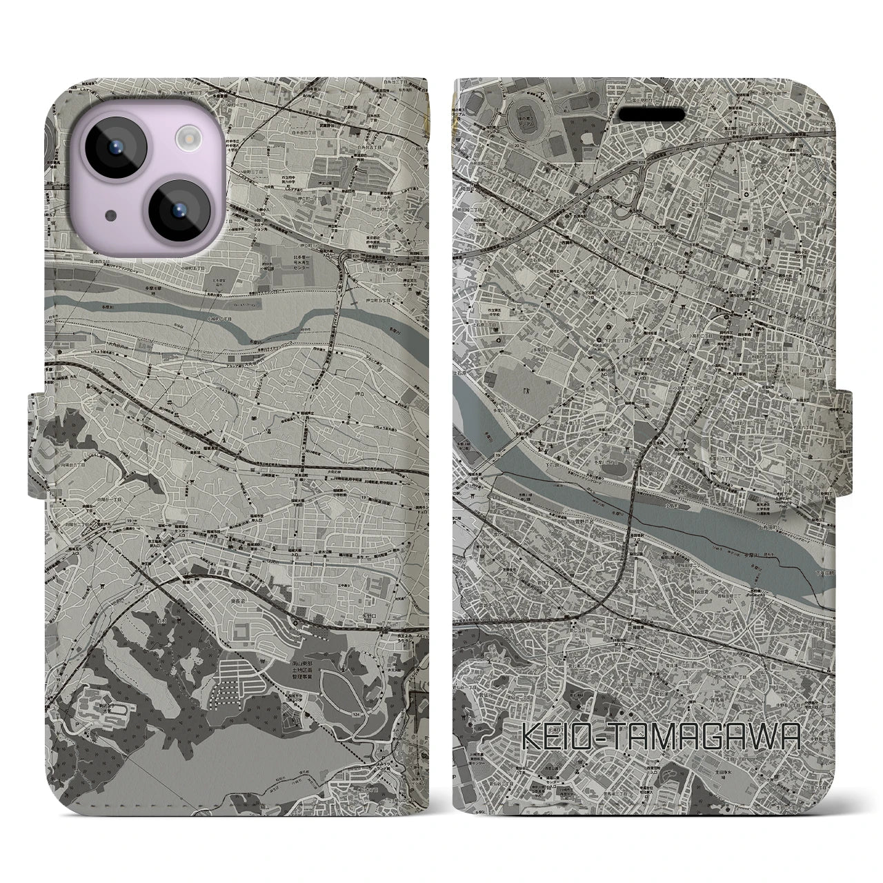 【京王多摩川(東京都)】地図柄iPhoneケース(手帳タイプ)モノトーン・iPhone 14 用