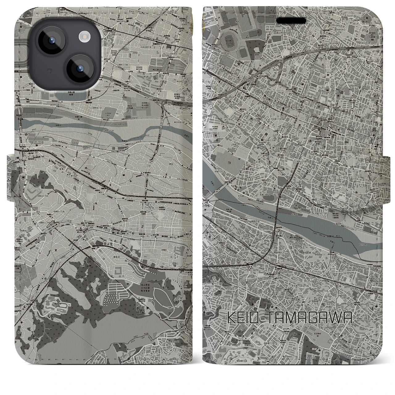 【京王多摩川(東京都)】地図柄iPhoneケース(手帳タイプ)モノトーン・iPhone 14 Plus 用