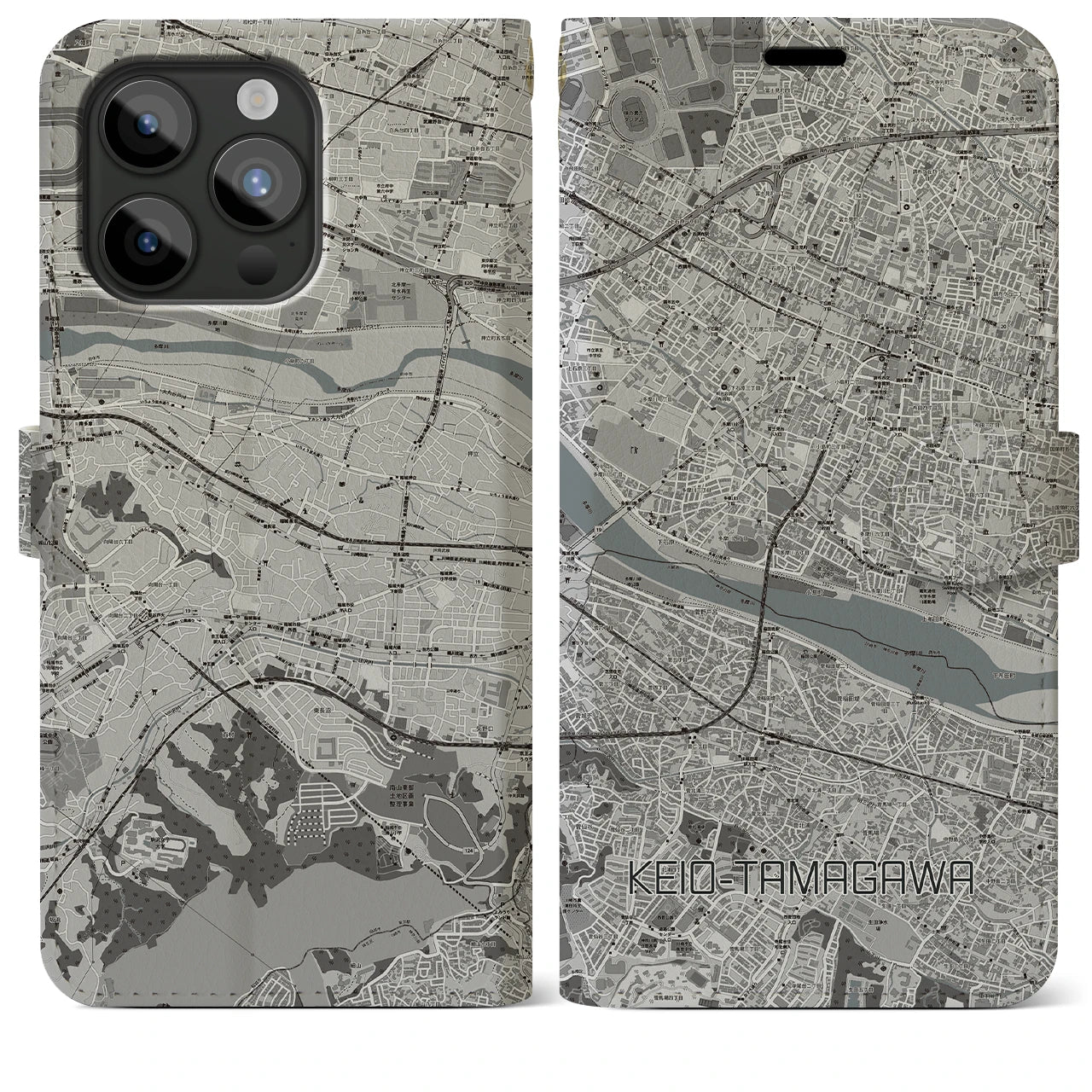 【京王多摩川(東京都)】地図柄iPhoneケース(手帳タイプ)モノトーン・iPhone 15 Pro Max 用